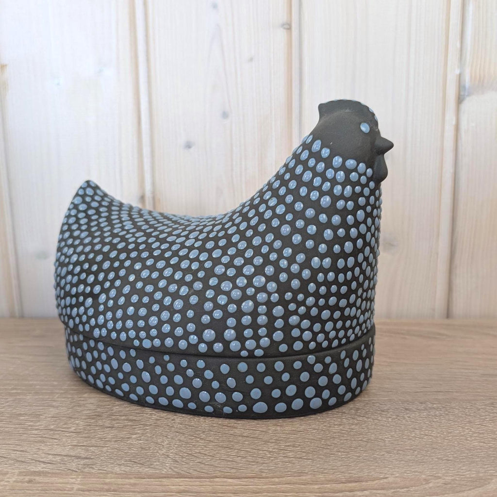 Kaarina Aho Munakana Arabia Finland, Rare Ceramic Hen Box, Dark Black Blue Dots, Blue Interior Glaze, Mid-Century Finnish Design, 1950s
