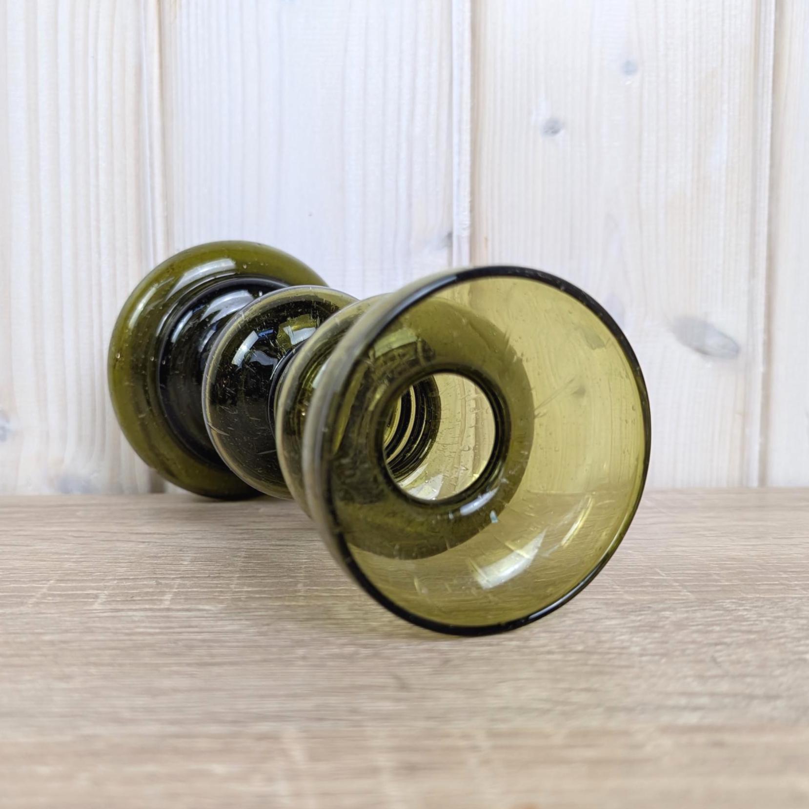 Vintage olive green glass vase candleholder, handblown art glass, Ingrid Glas, Germany, 1970s