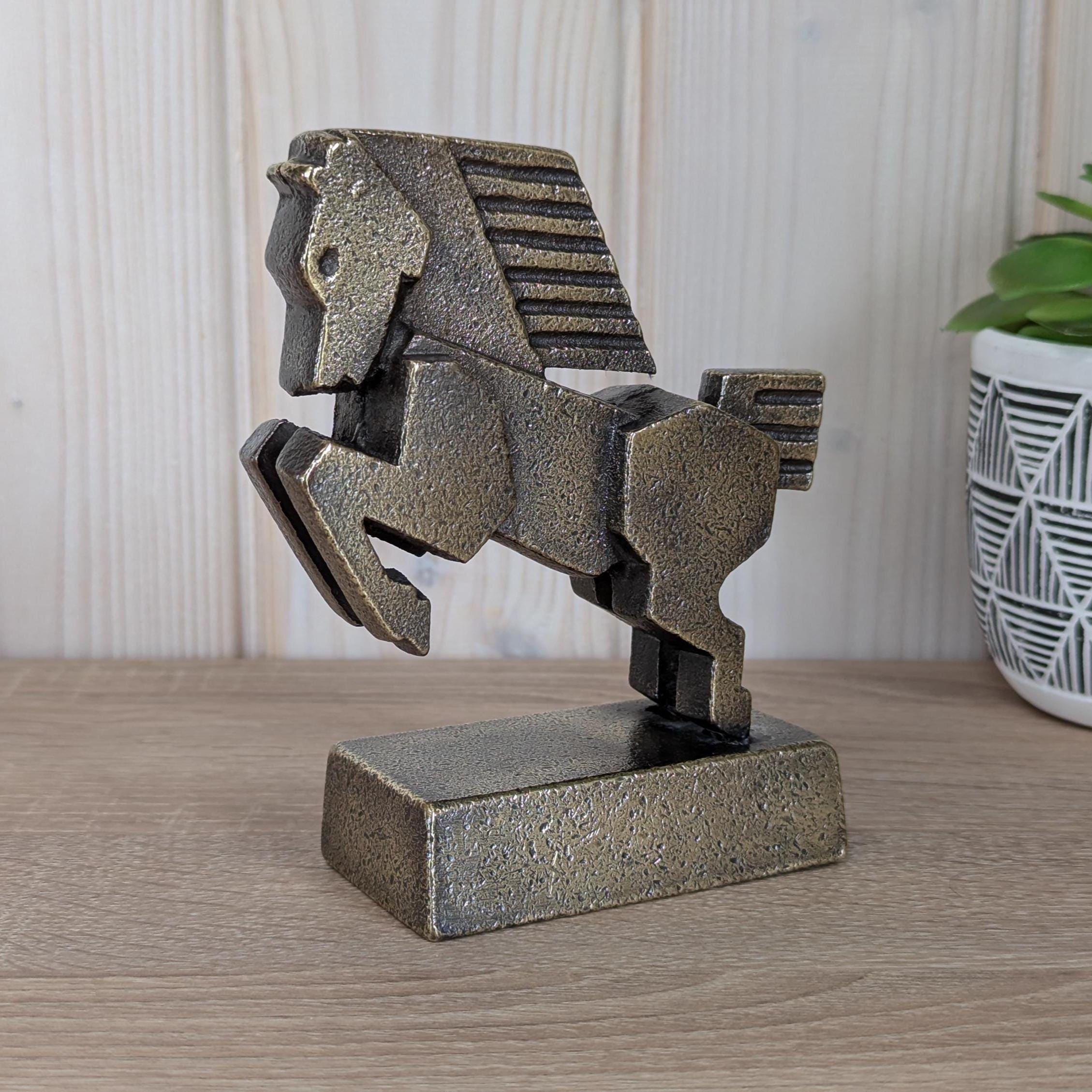 Vintage Bronze Rearing Horse Sculpture, Modernist Geometric Design, 1980s Corporate Award