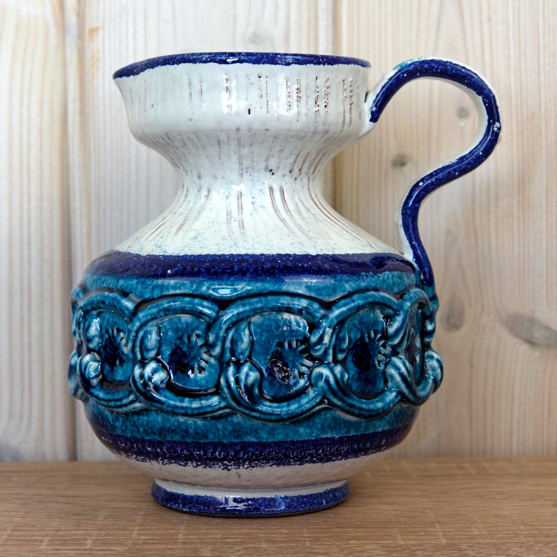 Nuovo Rinascimento Italian Ceramic Jug Vintage Blue Relief Pitcher Mid Century Decor