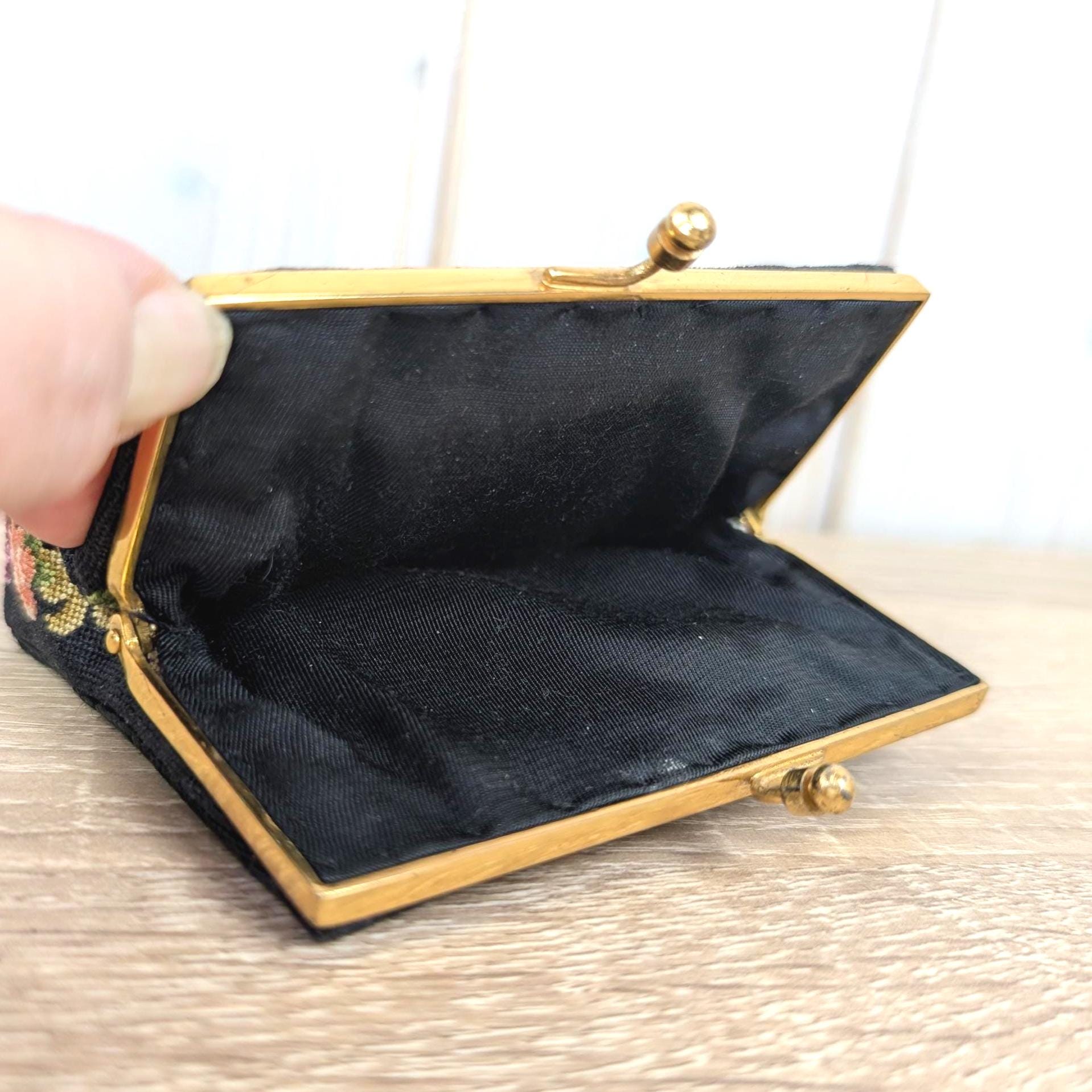 Petit Point Coin Purse Black Gold, Floral Needlepoint Wallet Double Frame Clasp, Austrian German Embroidered Purse, 1950s 1960s Vintage