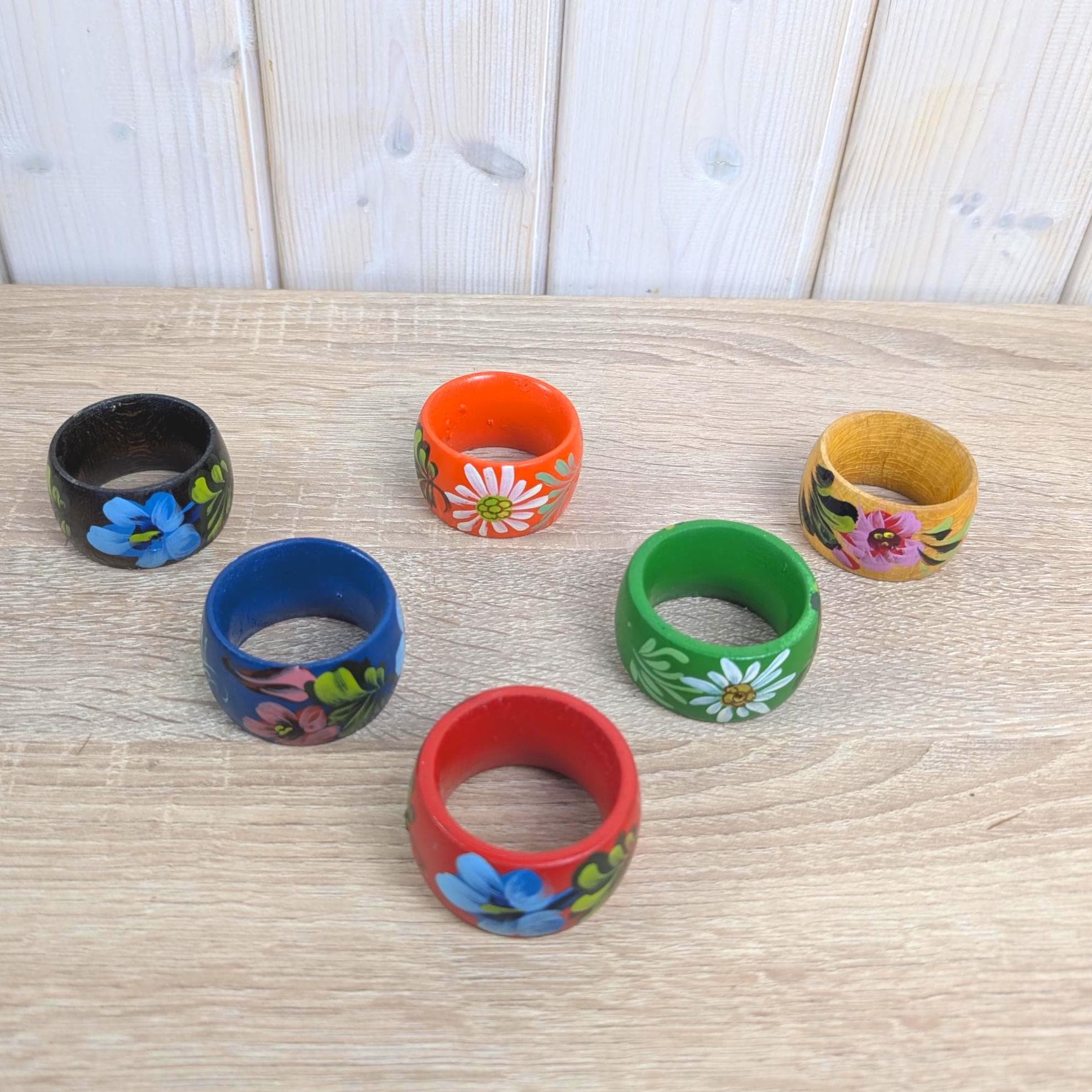 Set of 6 Hand Painted Wooden Napkin Rings, Folk Art Floral, Eastern European Vintage, 1970s