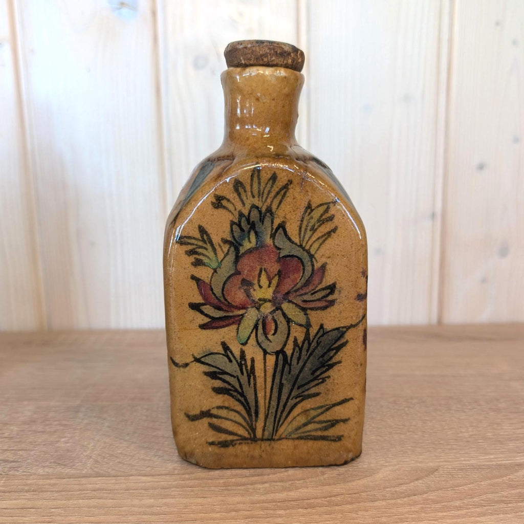 Antique charm, ceramic handpainted floral bird bottle, European origin, early 1900s