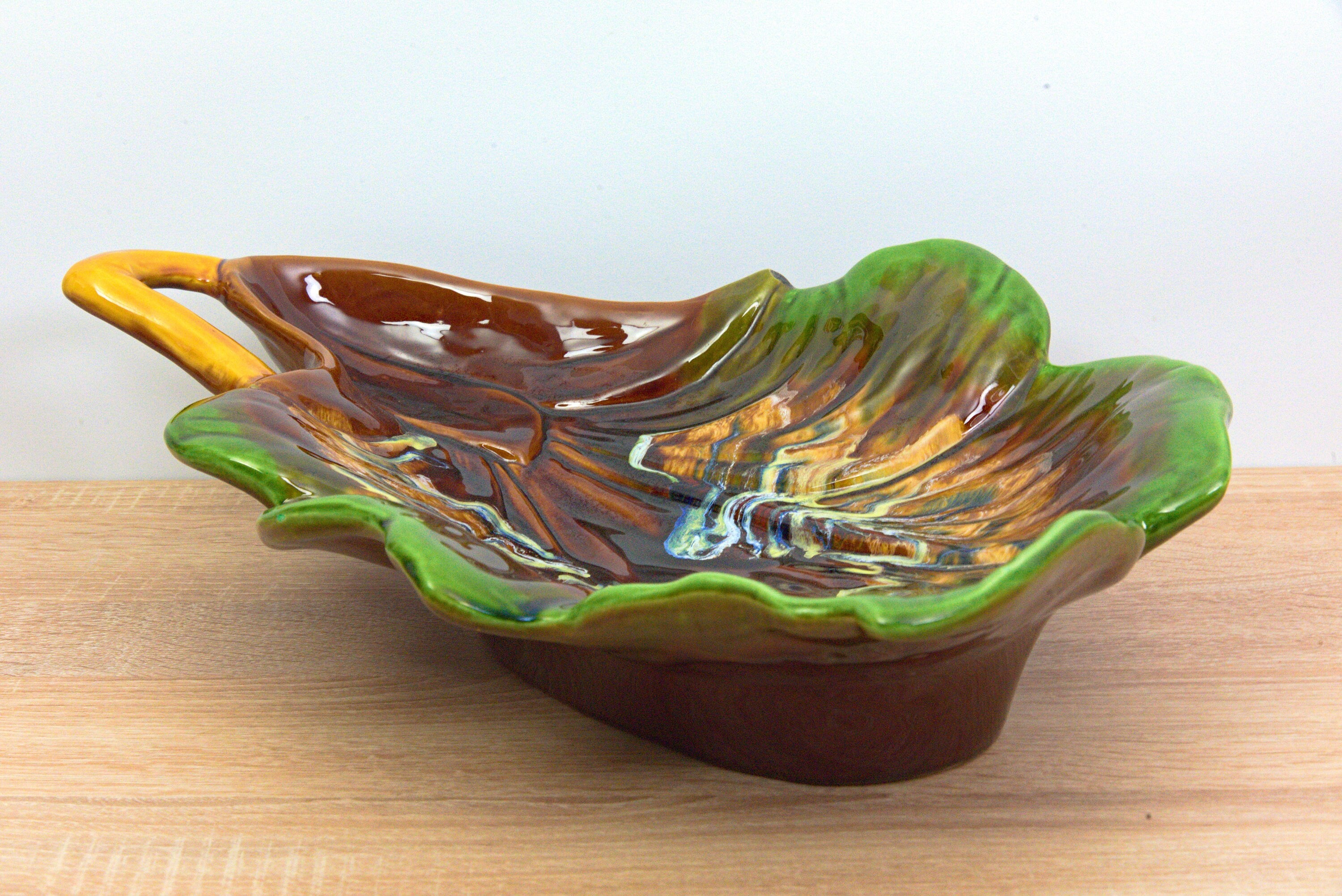 XXLarge Vallauris Ceramic Dish - Multicolored Leaf - France - Vintage