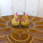 Hollóháza Hungary Egg Plate with Rooster Salt & Pepper Shakers, Amber Glaze, 1960s