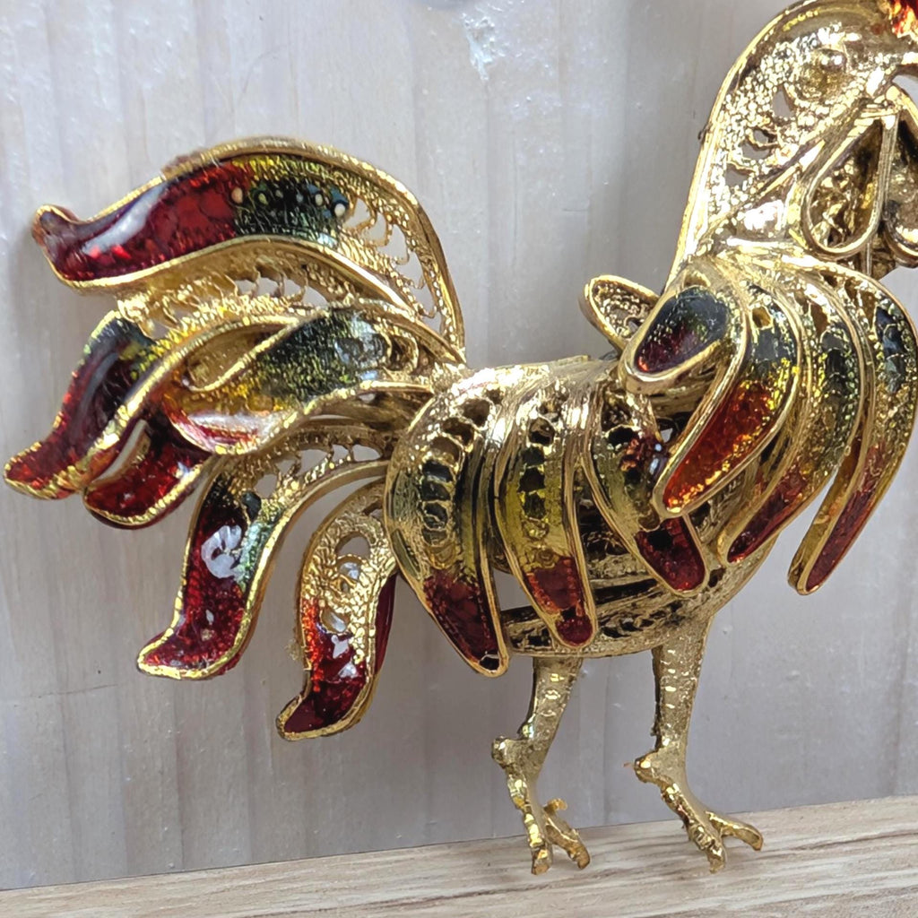 Vintage 800 Silver Enamel Rooster Brooch 1960s, Gold Plated Filigree Cockerel Pin Red Green Enamel