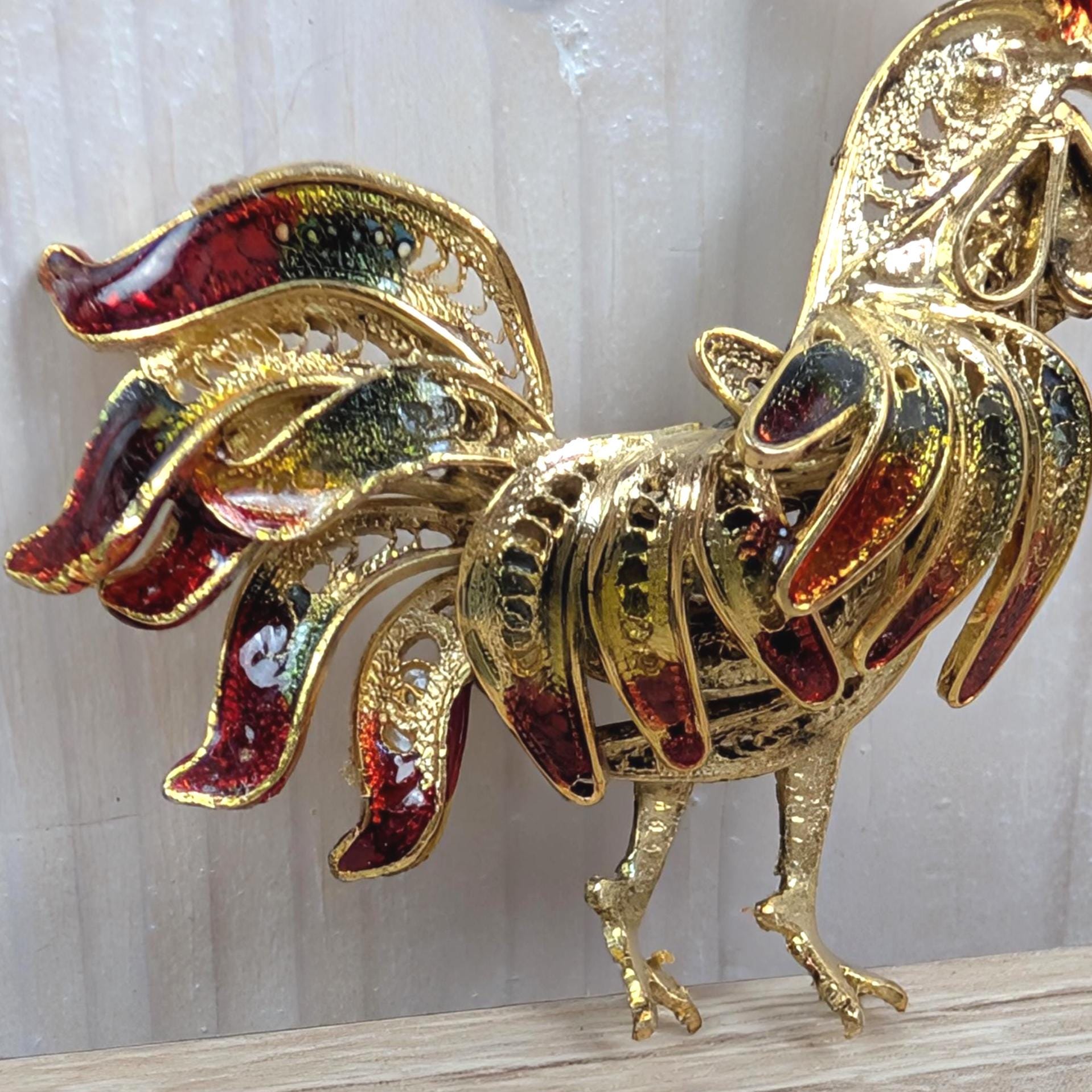 Vintage 800 Silver Enamel Rooster Brooch 1960s, Gold Plated Filigree Cockerel Pin Red Green Enamel