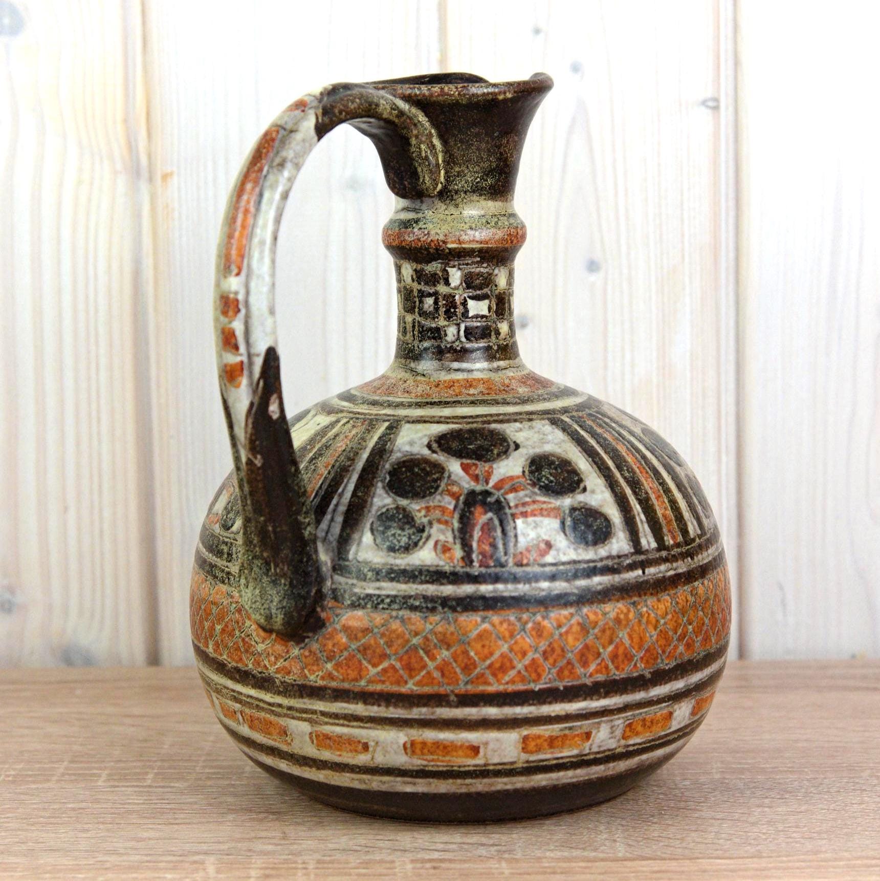 Italica Ars 1017/22 Vintage Italian Ceramic Jug, Mid Century Pottery Pitcher, Hand Painted Geometric Decor, 21.5 cm