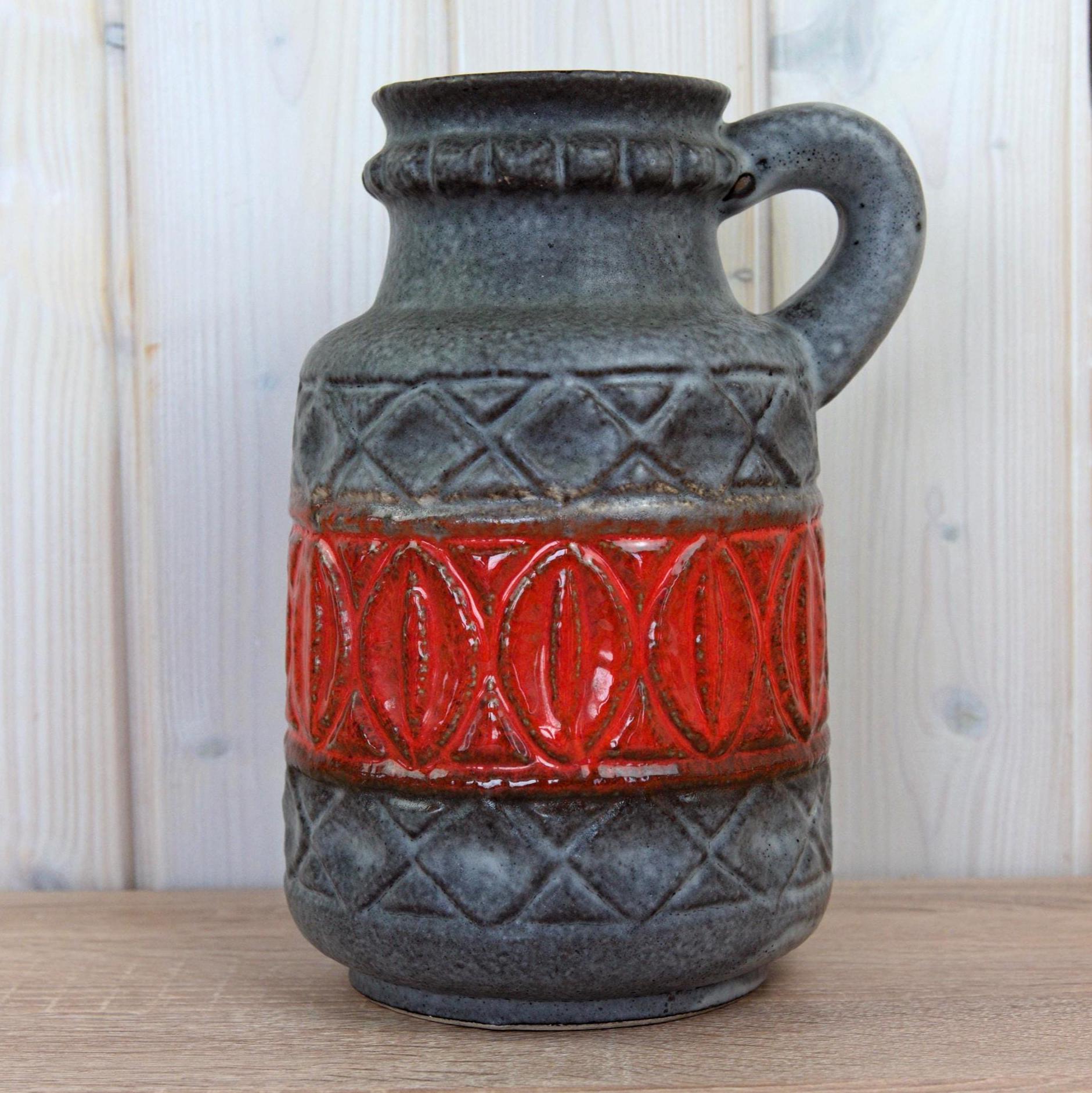 Bay Keramik 93-25 Vintage West German Pottery Jug, Mid Century Ceramic Pitcher Grey Red Relief Decor