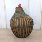 Wicker Bamboo Hen Basket with Lid, Chicken Storage Basket, Red Wood Comb, Glass Eye, Farmhouse Decor, 1970s