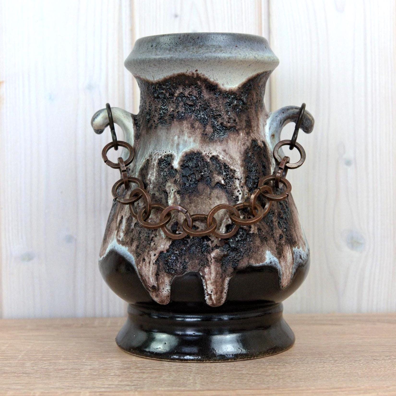 Dumler Breiden 1180-20 Vase West Germany, Mid Century Ceramic with Chain Handles, Fat Lava Pottery