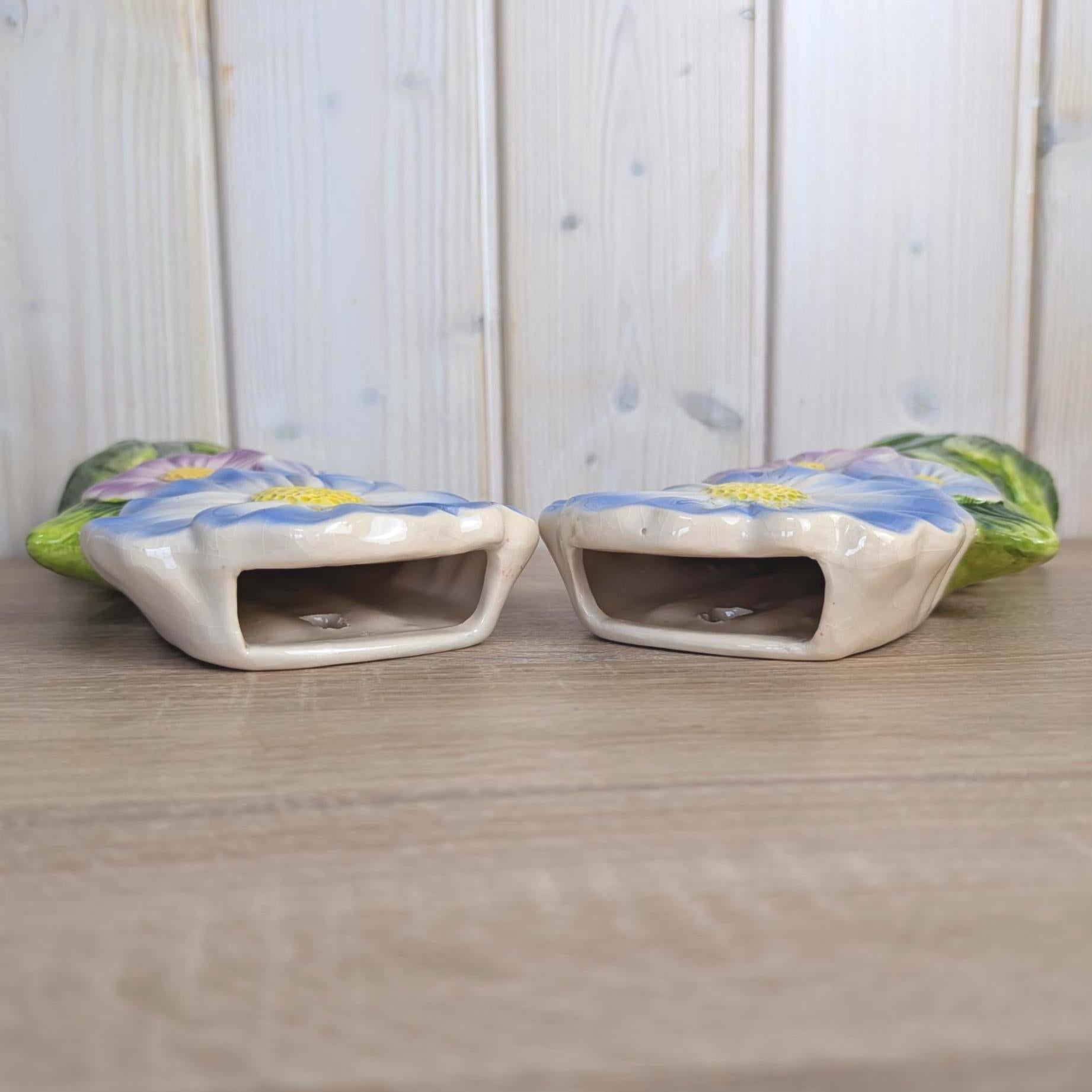 Vintage Ceramic Flower Wall Pocket Pair, Radiator Humidifier, Blue Daisy Relief, Earthenware, 1980s Home Decor