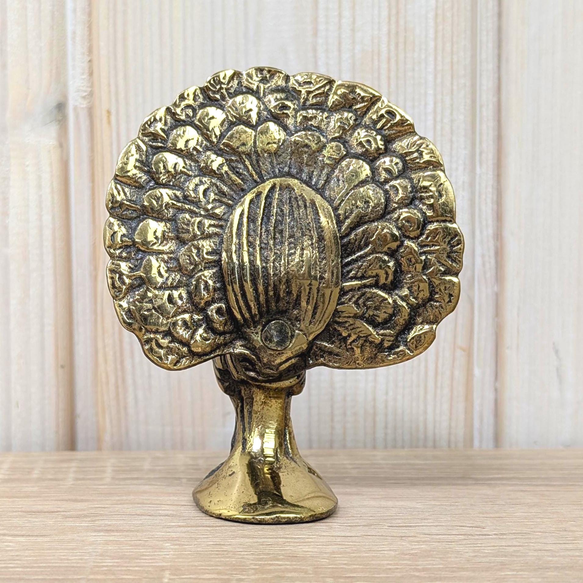 Vintage Brass Peacock Figurine, Cast Brass Fan Tail, Boho Shelf Decor, 1970s