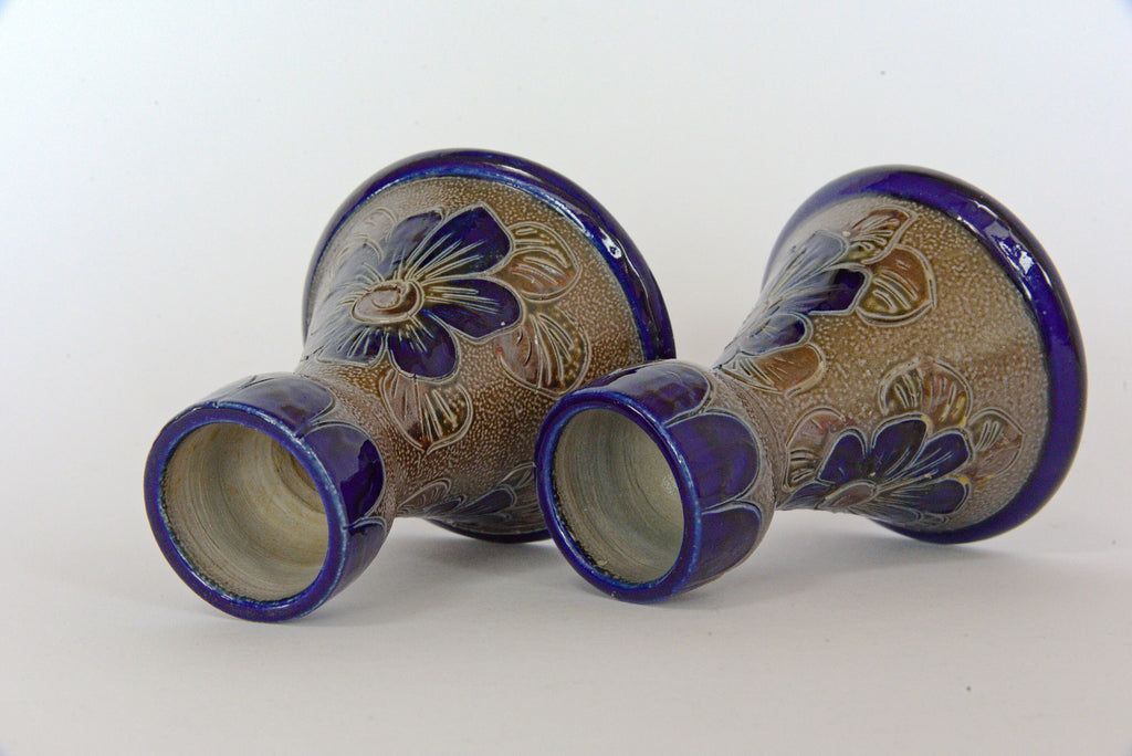German Salz-Glazed Pottery Candle Holders: Floral Design, Set of 2