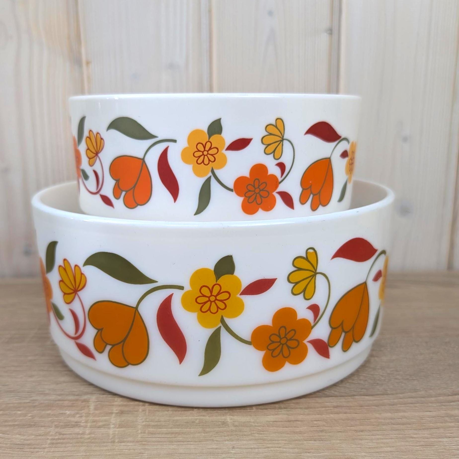Arcopal France Floral Opaline Glass Bowl Set of 2, Vintage 1970s French Milk Glass Serving Bowls, Orange Yellow Tulip Flower Kitchen Decor