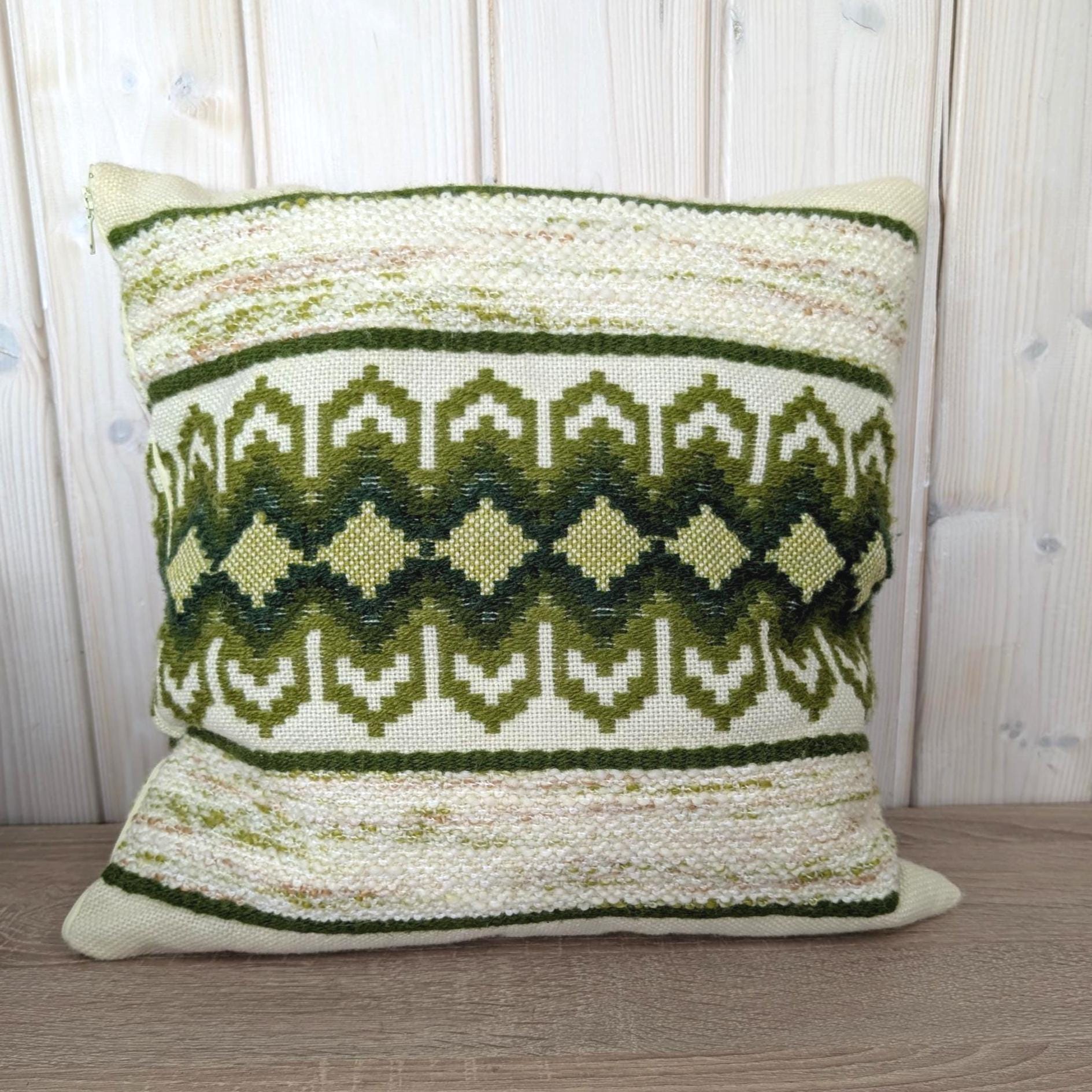 Vintage 1970s Green Needlepoint Cushion with Boucle Weave, Hand Embroidered Geometric Folk Pattern, Retro Home Decor with Insert