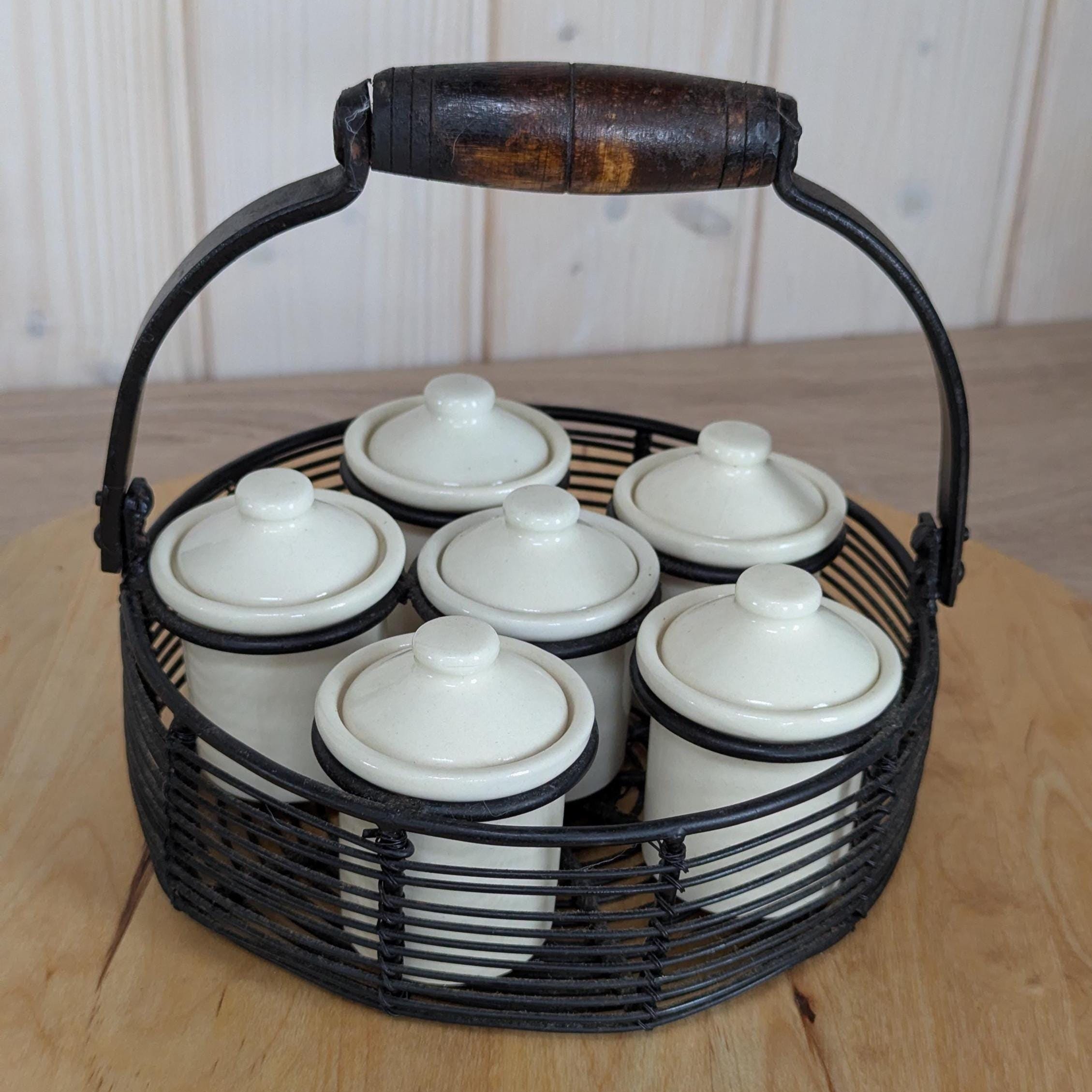 Vintage 1970s Spice Jar Set, Metal Basket with Wood Handle, 6 Ceramic Pots with Lids, Rustic Kitchen Storage