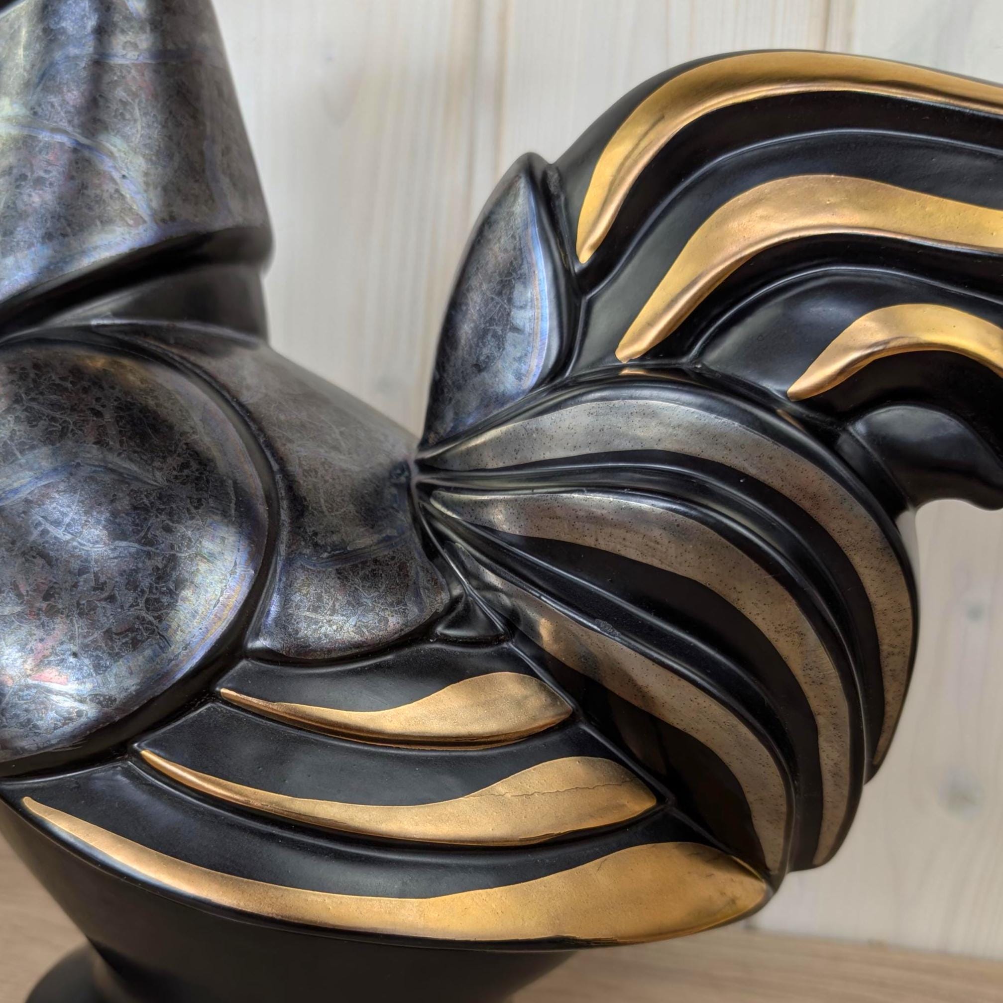 Gilde Handwerk Rooster Figurine Black Gold, Large Ceramic Cockerel Statue, Art Deco Home Decor, German Decorative Figure, 1980s