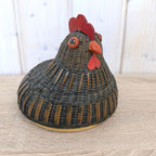 Wicker Bamboo Hen Basket with Lid, Chicken Storage Basket, Red Wood Comb, Glass Eye, Farmhouse Decor, 1970s