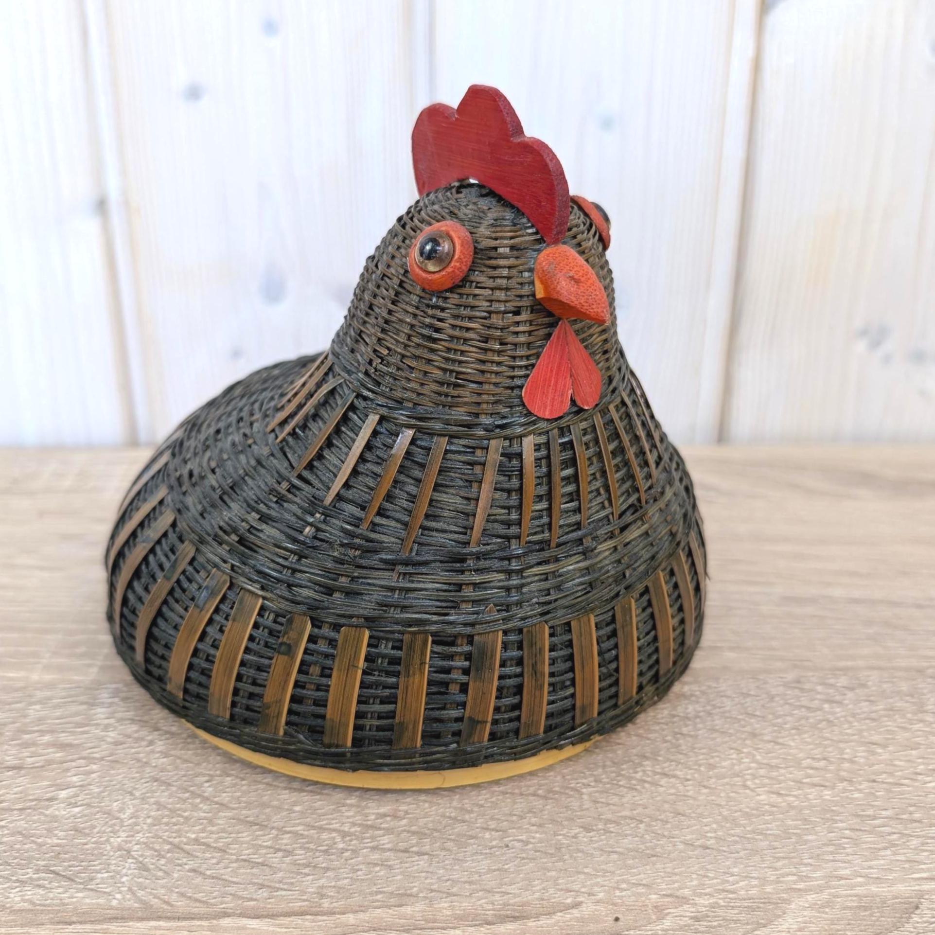 Wicker Bamboo Hen Basket with Lid, Chicken Storage Basket, Red Wood Comb, Glass Eye, Farmhouse Decor, 1970s