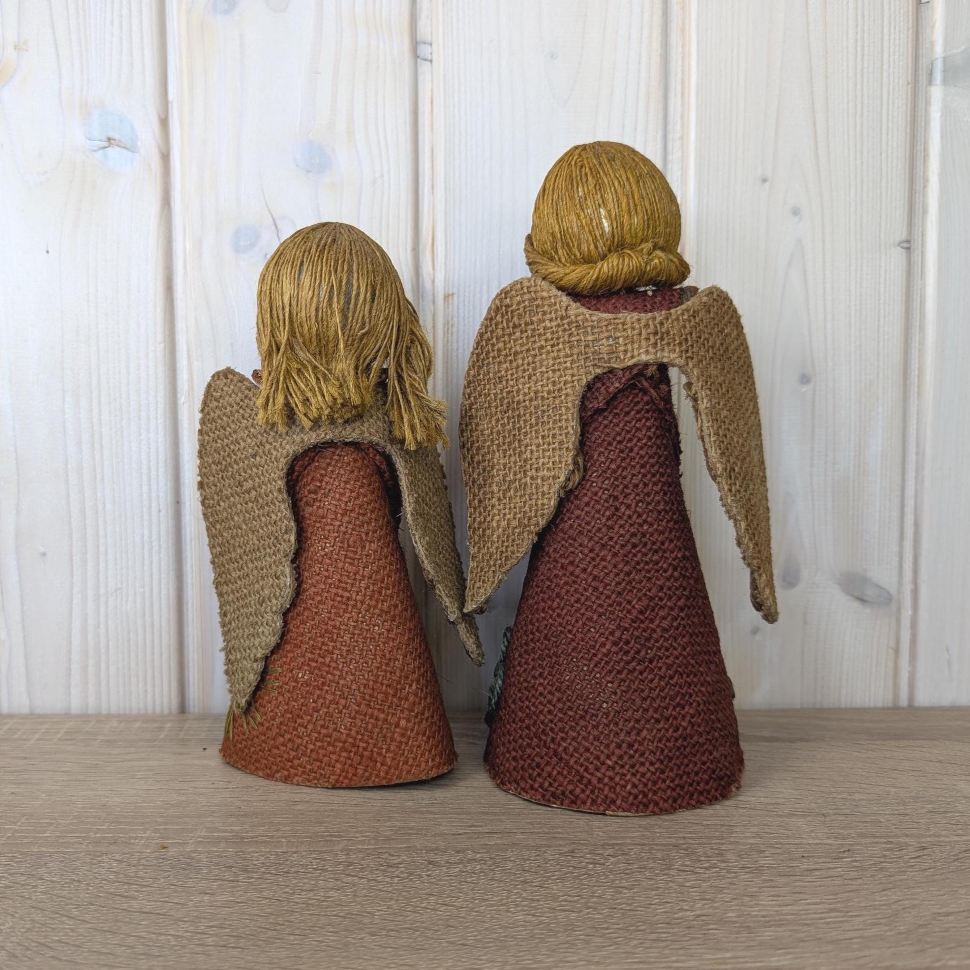 Vintage jute Christmas angels, handmade holiday tree toppers, natural fiber decor, 1970s