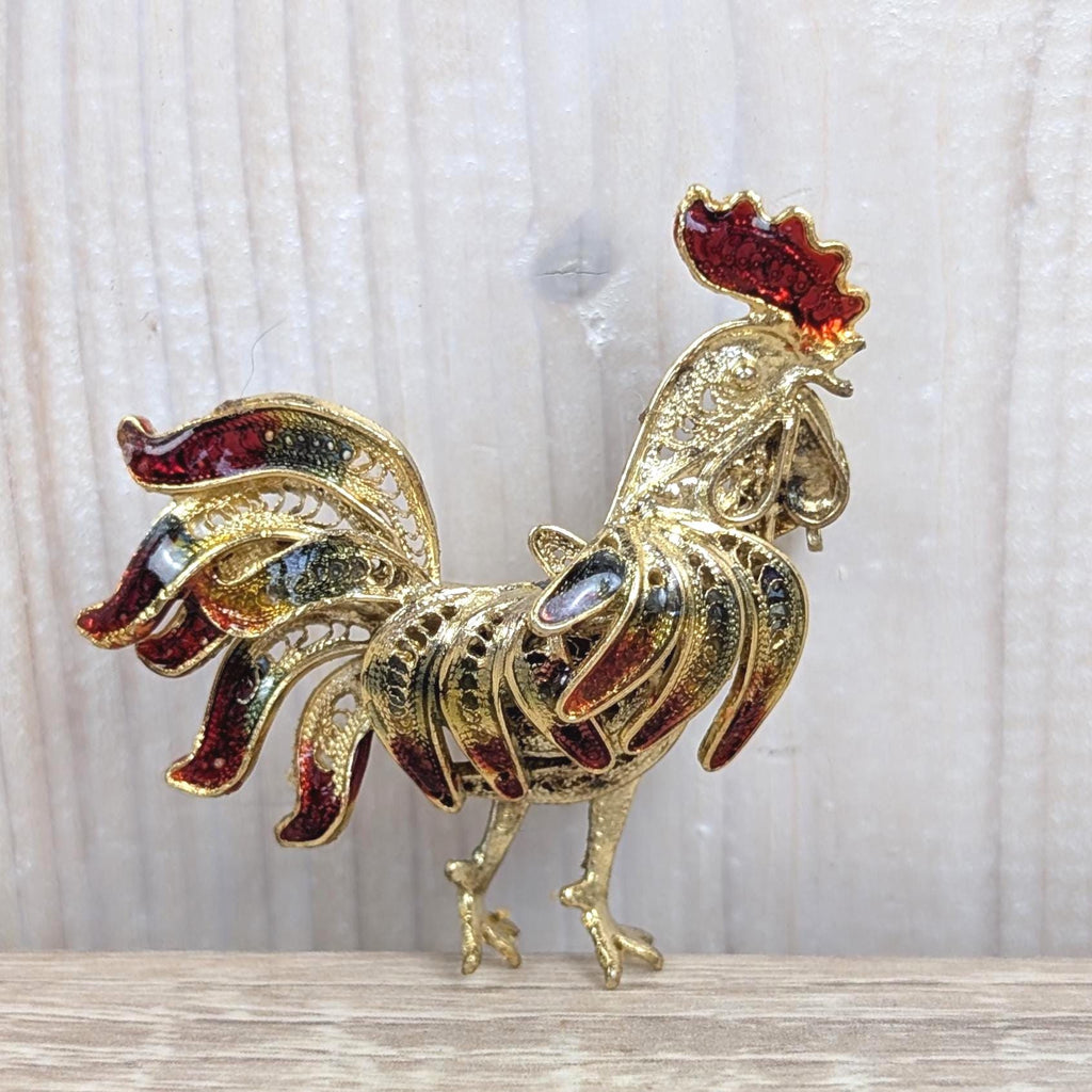 Vintage 800 Silver Enamel Rooster Brooch 1960s, Gold Plated Filigree Cockerel Pin Red Green Enamel