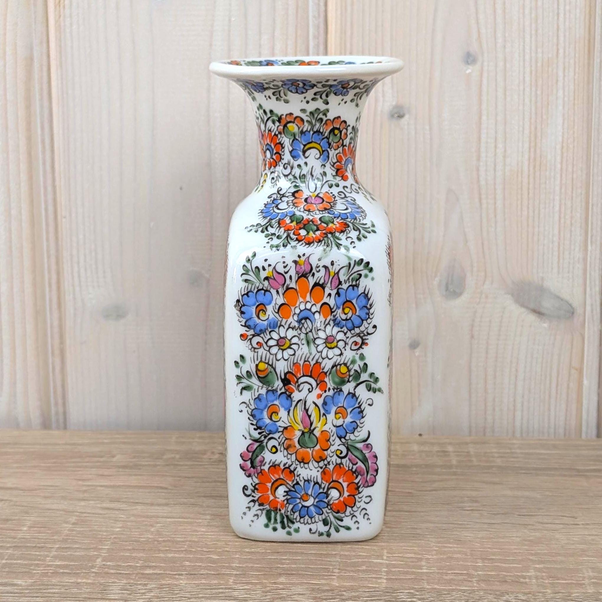 Wawel Poland Folk Art Vase, Hand Decorated Ceramic, Square Bottle Vase, Łowicz Floral Pattern, Cepelja Opole, 1990s Vintage