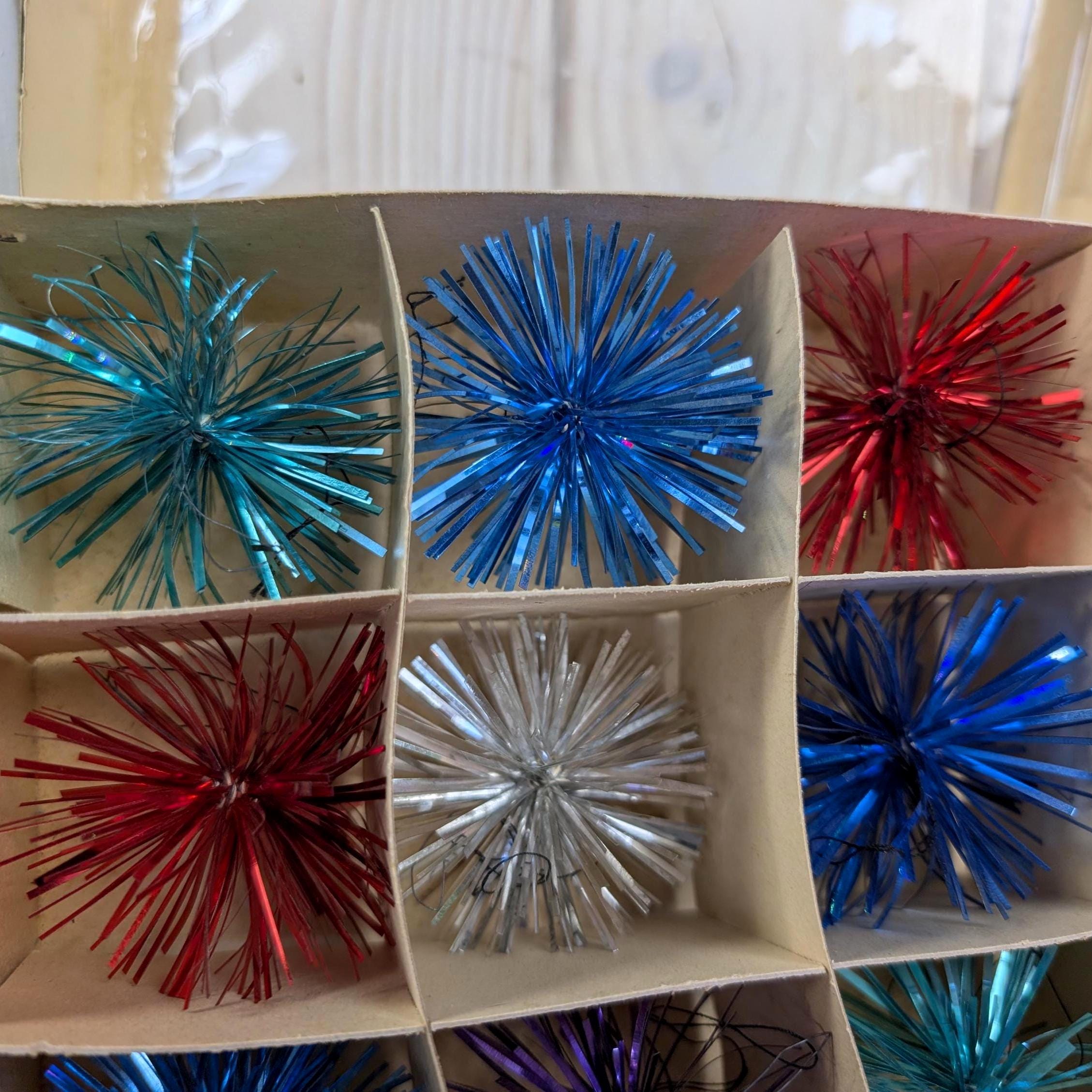Colorful Woolco Tinsel Pom Pom Ornaments, Christmas Tree Decor, Mid Century, Vintage Set