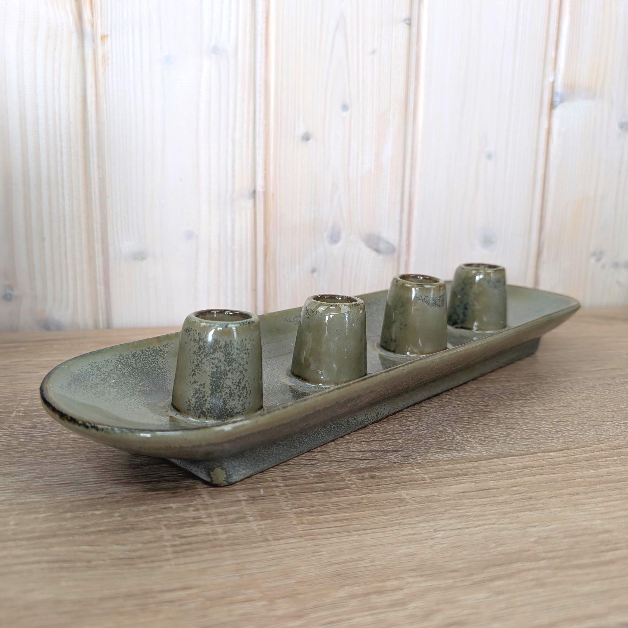 Ceramic Advent Candle Holder 4 Candles, Stoneware Tray Candleholder, Sage Green Reactive Glaze, Christmas Table Decor