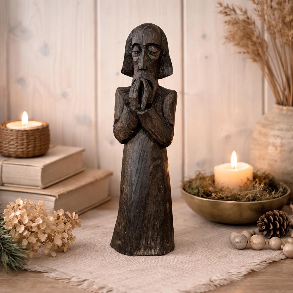 Signed Wood Carving Praying Figure, Nowakowsky, Dark Stained Folk Art Sculpture, Eastern European Religious Art, Handcarved Figurine, 1960s