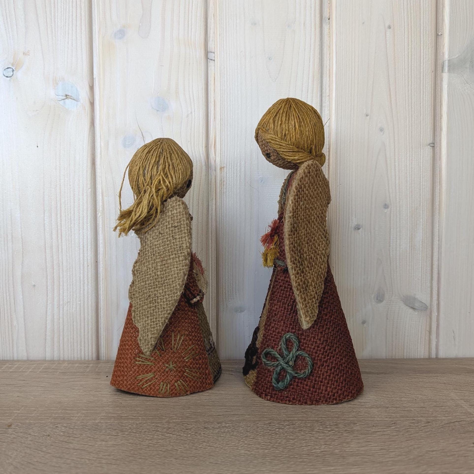 Vintage jute Christmas angels, handmade holiday tree toppers, natural fiber decor, 1970s