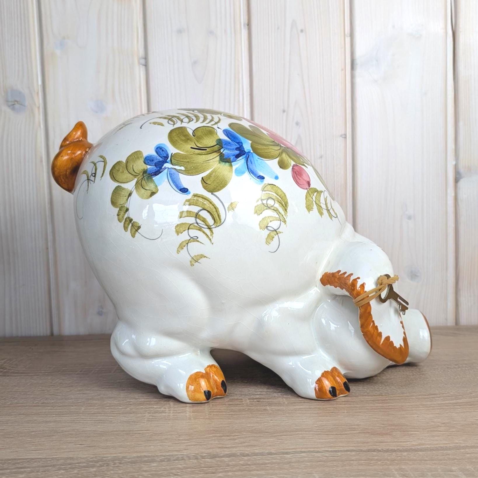 Kirsch Keramik Piggy Bank, Hand Painted Floral Ceramic, Coin Bank with Lock and Key, West German, 1960s