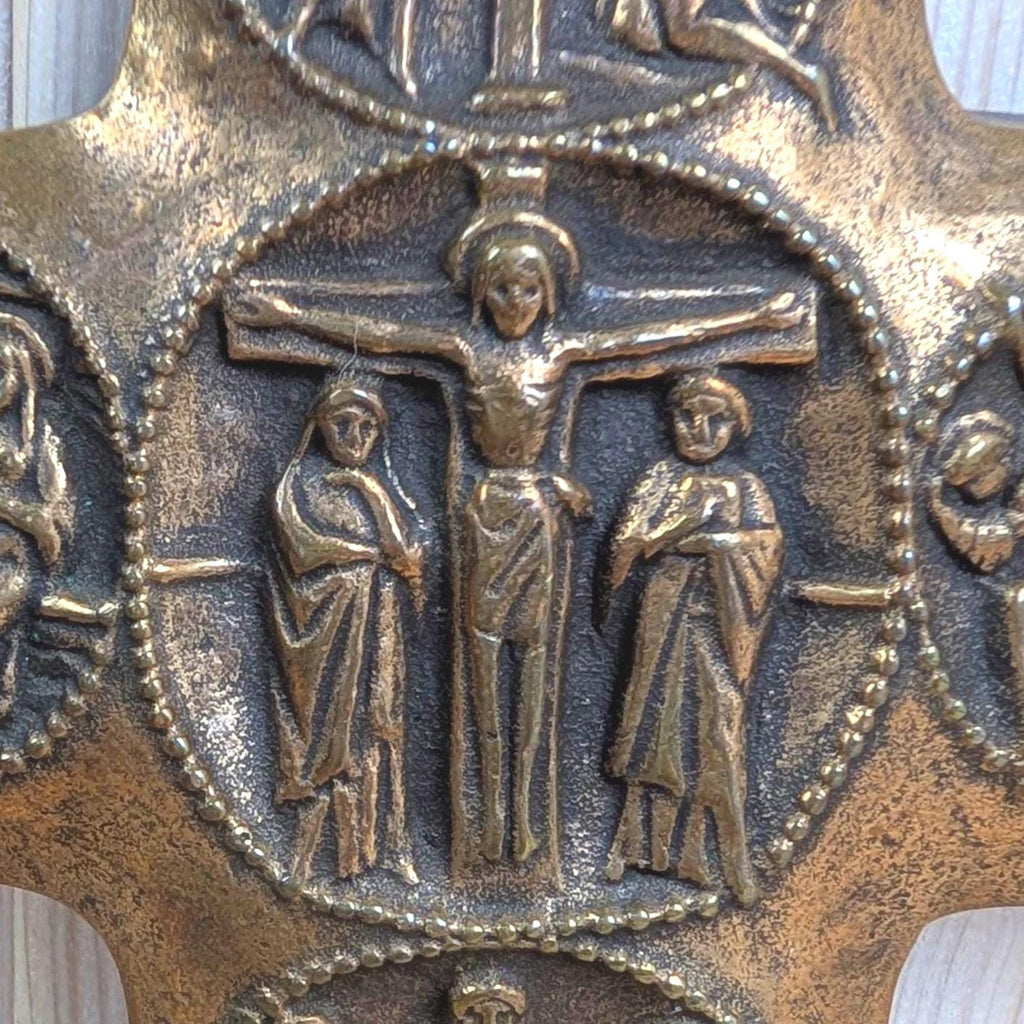 Vintage Bronze Wall Cross, Five Mysteries Relief, Religious Cast Bronze, 1960s