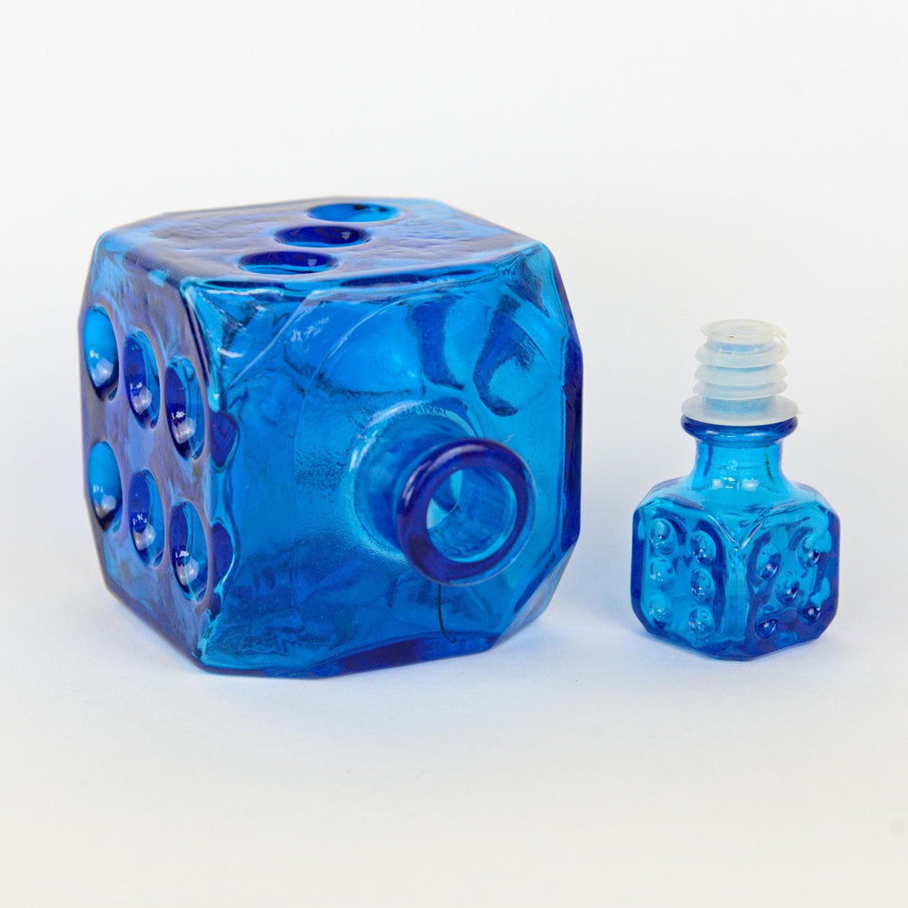 Empoli Italian Blue Glass Decanter, Cube Form, Bubble Relief, Dice Stopper, 1960s Mid-Century Art Glass Italy