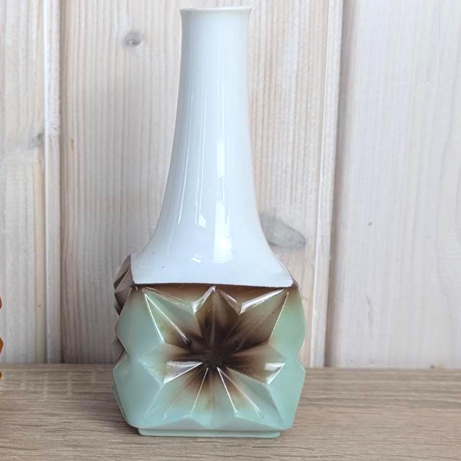 Schumann Arzberg Bavaria Porcelain Bud Vase, Geometric Star Relief, White Neck, 1960s West German Porcelain, Your Choice of Color