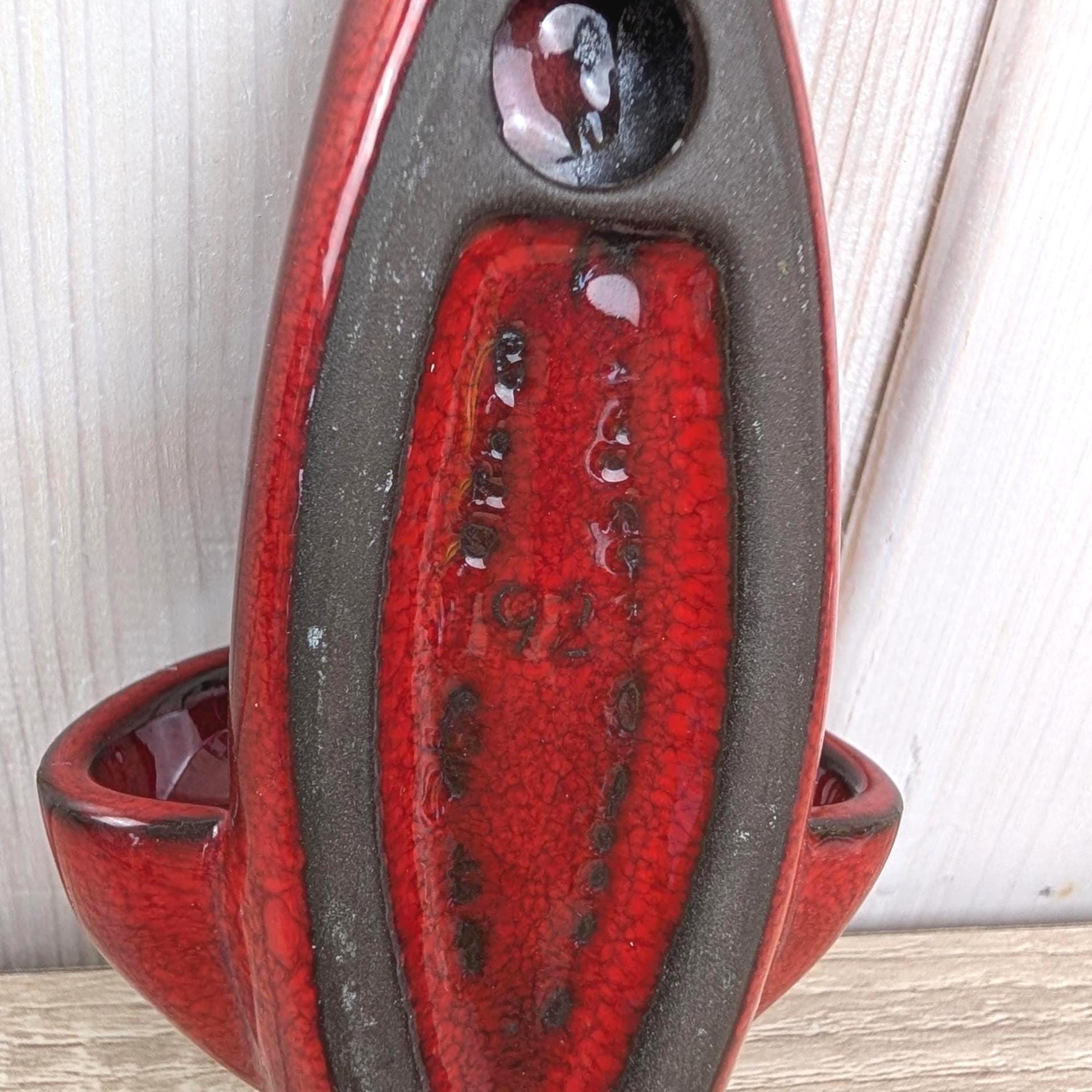 Majolika Karlsruhe Holy Water Font, Model 92, Red Black Ceramic, Chi Rho Wall Font, Midcentury Religious Decor, 1960s Vintage