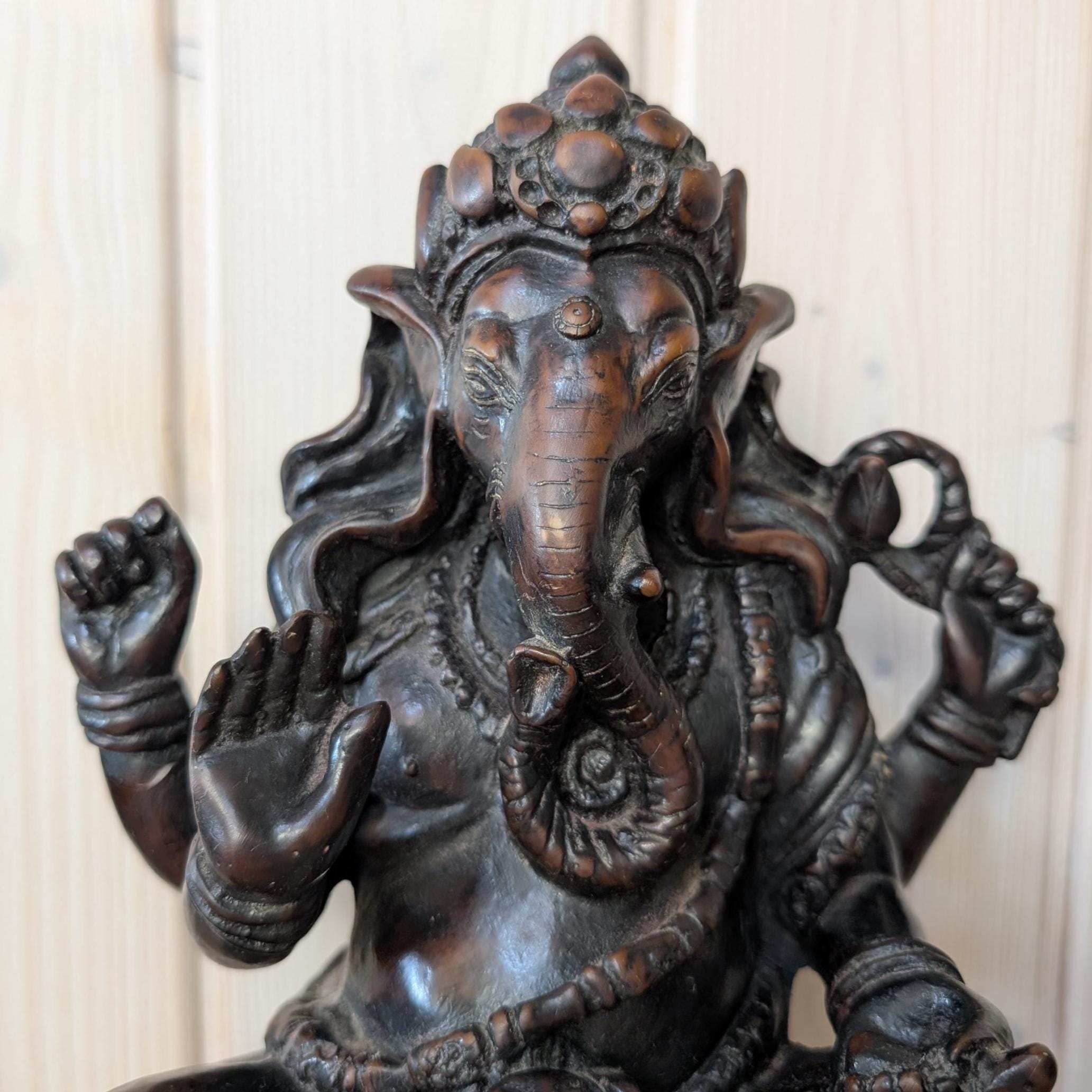 Vintage Ganesha Statue, Cold Cast Resin Wood Look Sculpture, South Asian Style Elephant God Figurine, 1980s Spiritual Decor