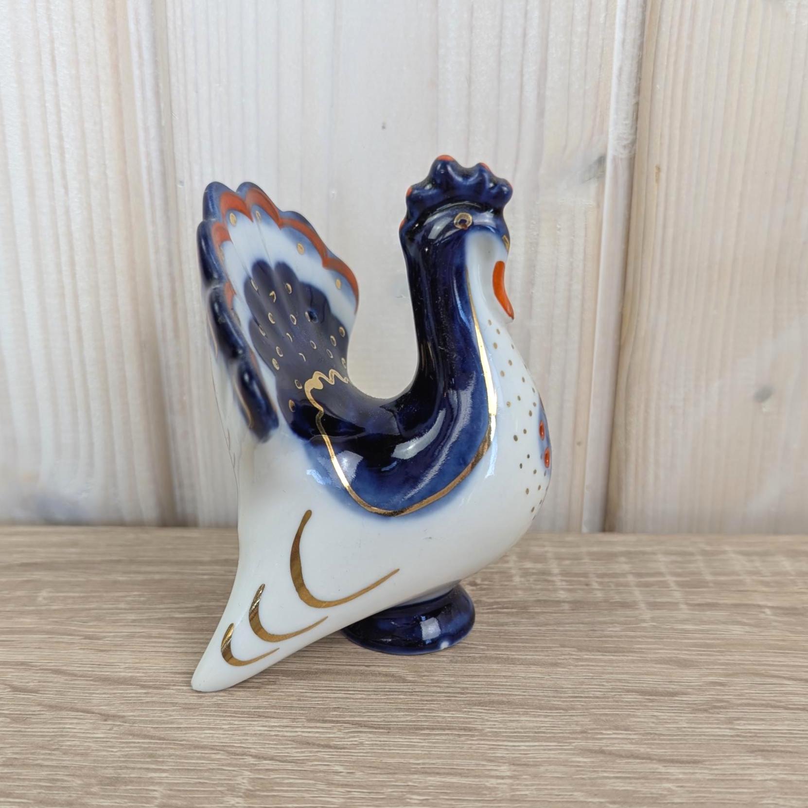 Hand Painted Rooster Peacock Figurines, Porcelain Animal Set, Lomonosov USSR, 1970s Vintage