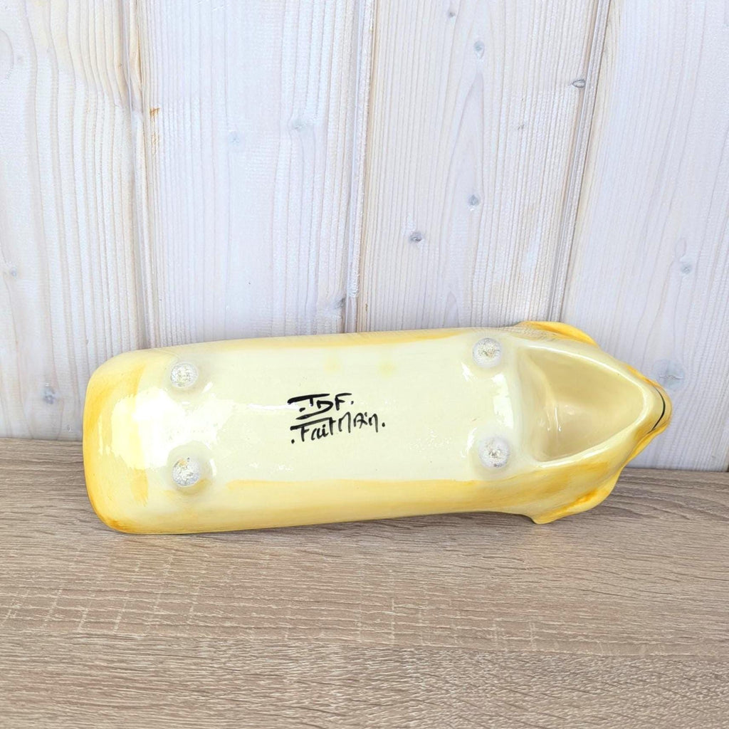 French Ceramic Pig Dish, Fait Main Handmade, Yellow Glaze Red Poppy, TDF Pottery, Quirky Folk Ceramic Tray, 1970s 1980s