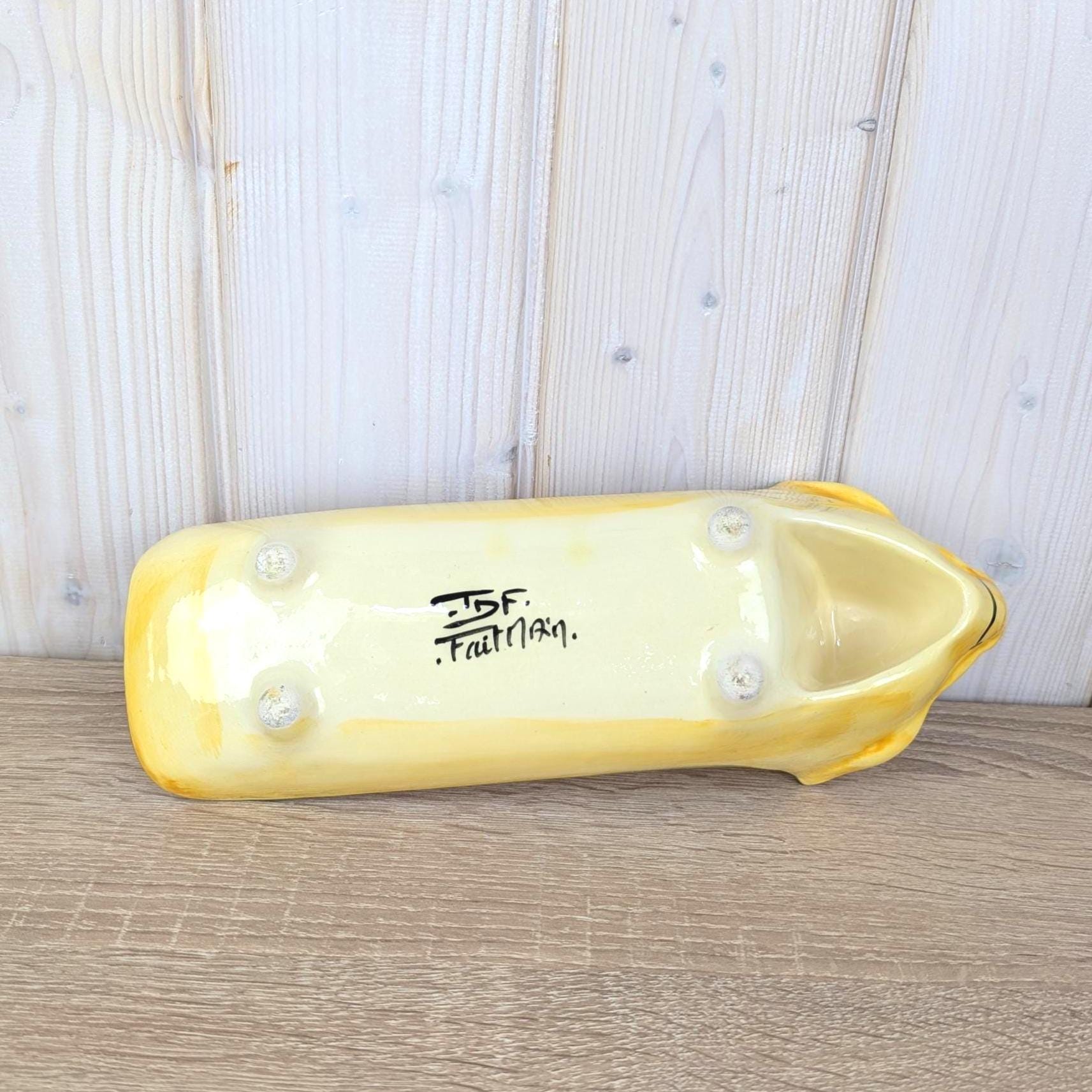 French Ceramic Pig Dish, Fait Main Handmade, Yellow Glaze Red Poppy, TDF Pottery, Quirky Folk Ceramic Tray, 1970s 1980s