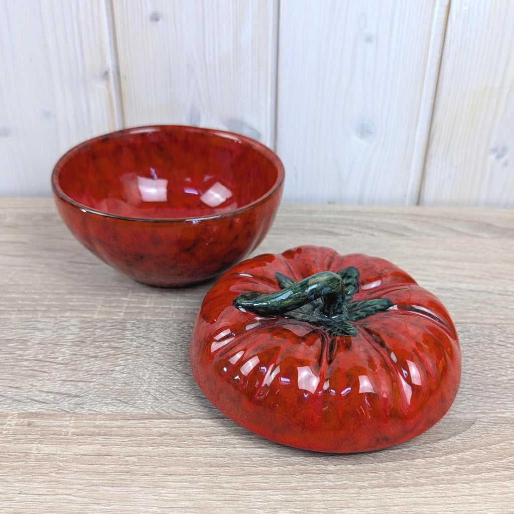 Vintage Italian Ceramic Tomato Lidded Box, Red Flambe Glaze, Figural Tomato Jar with Lid, Italy Model 67166, 1960s–1970s