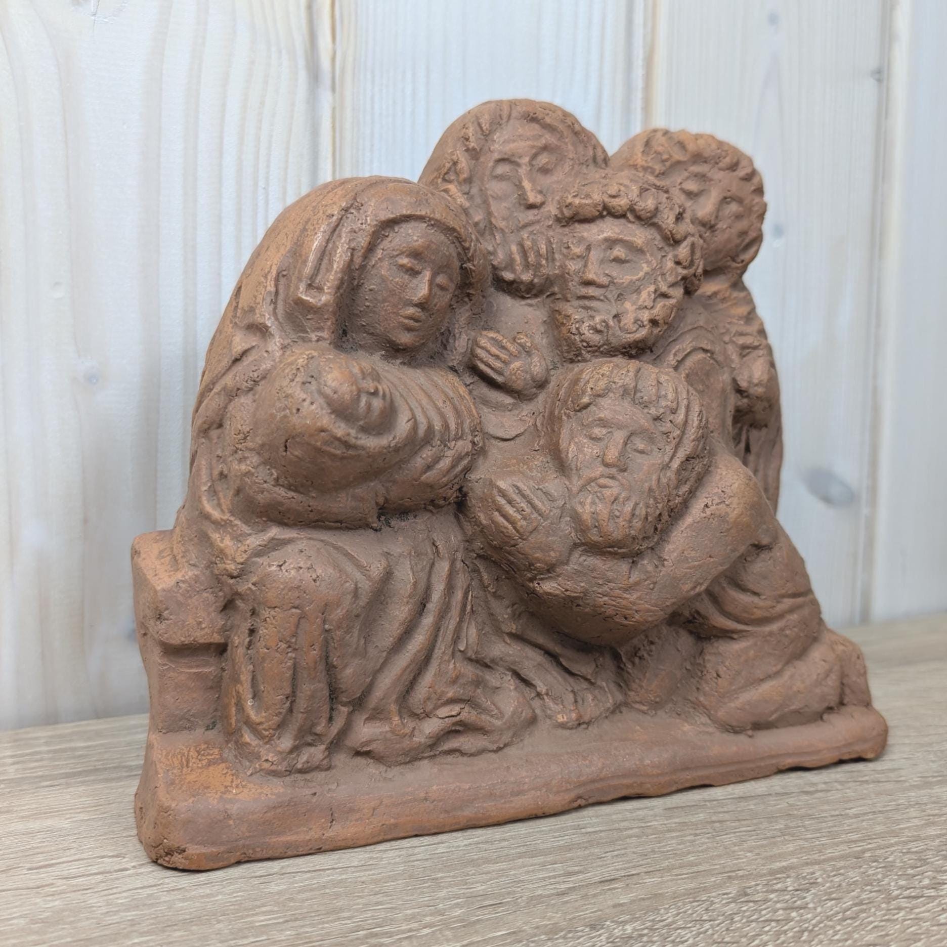 Terracotta nativity sculpture, handmade European studio piece, 1975 dated
