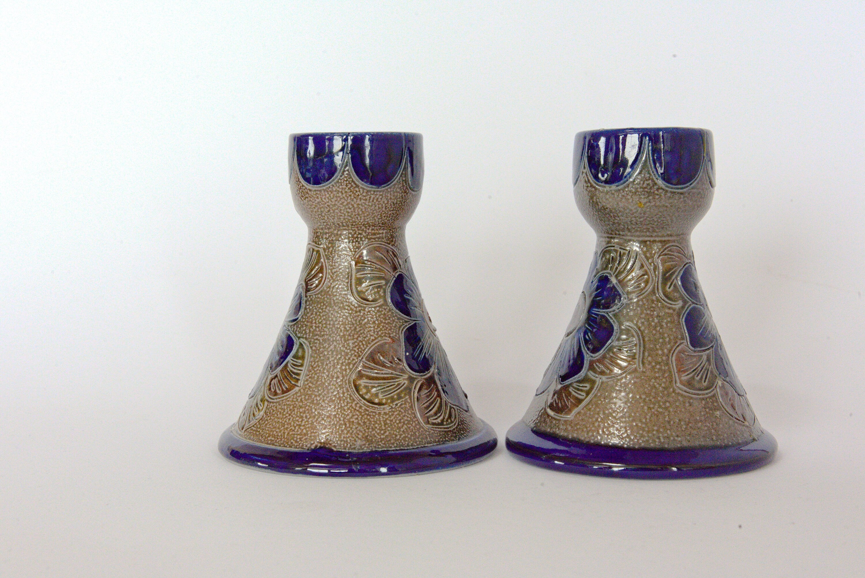 German Salz-Glazed Pottery Candle Holders: Floral Design, Set of 2