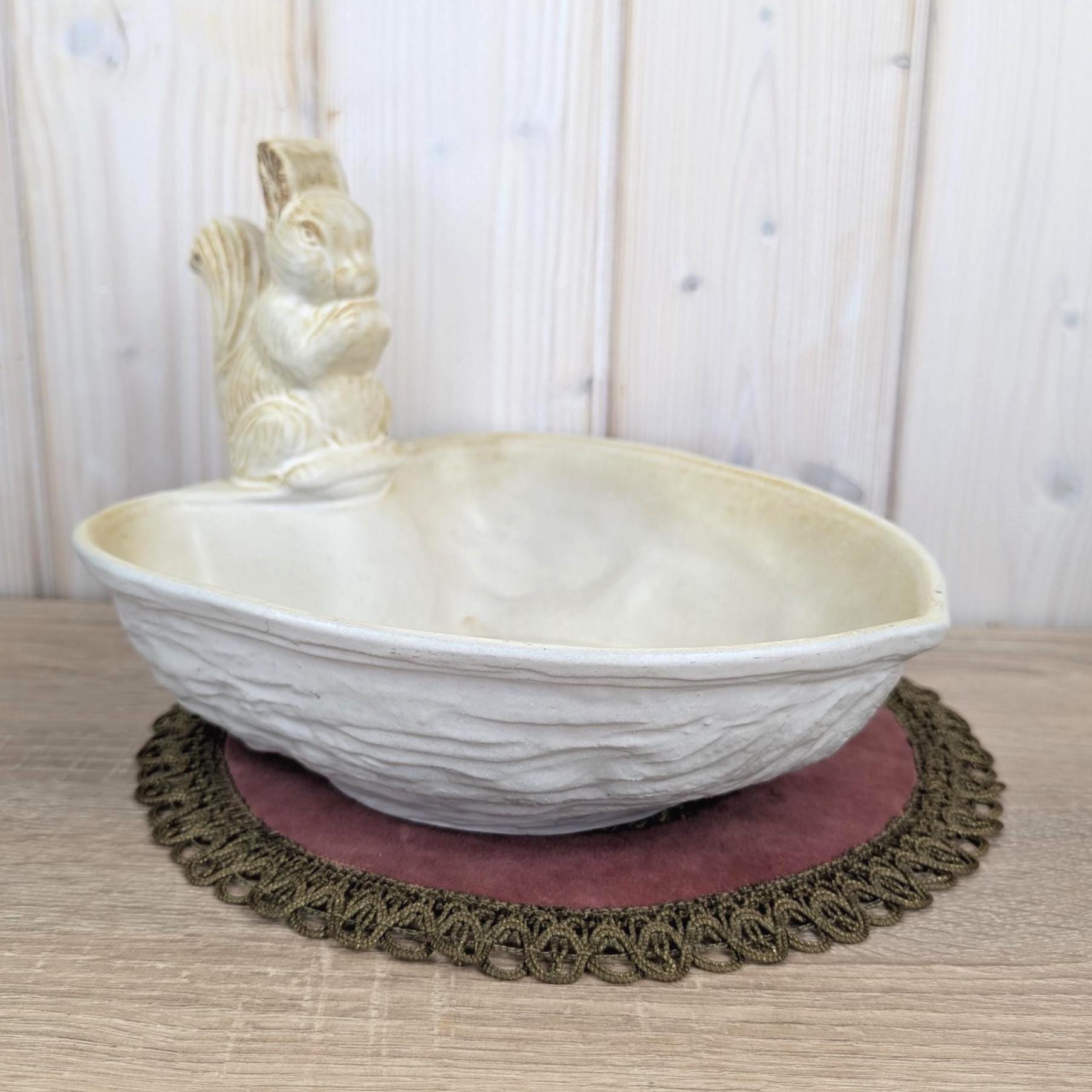 Marzi and Remy West Germany Ceramic Squirrel Nut Bowl, Vintage 1950s Studio Pottery, Cream Matte Glaze, Figural Dish, Mid Century Decor