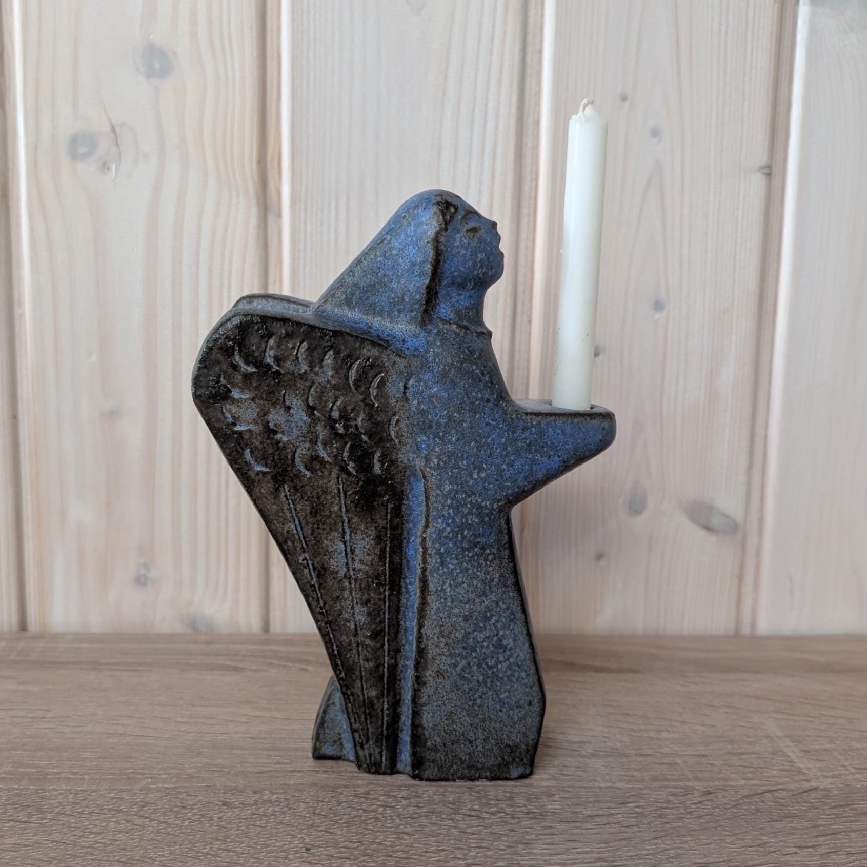 Vintage Stoneware Angel Candle Holder, Blue Glaze, Scandinavian Decor