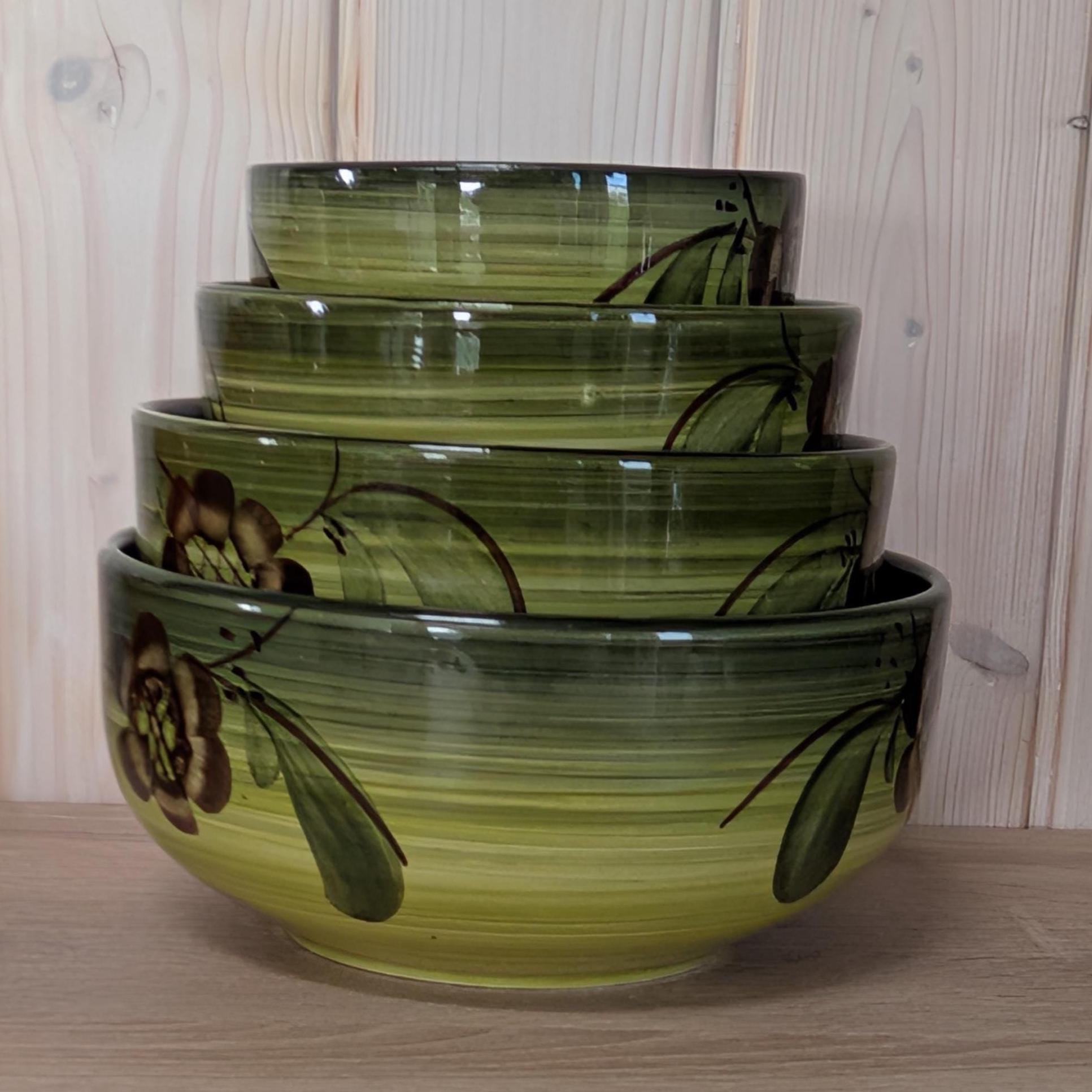 Vintage Aalen Handpainted Bowl Set, Green Floral Ceramic, West Germany 1970s, Set of 4 Nesting Bowls