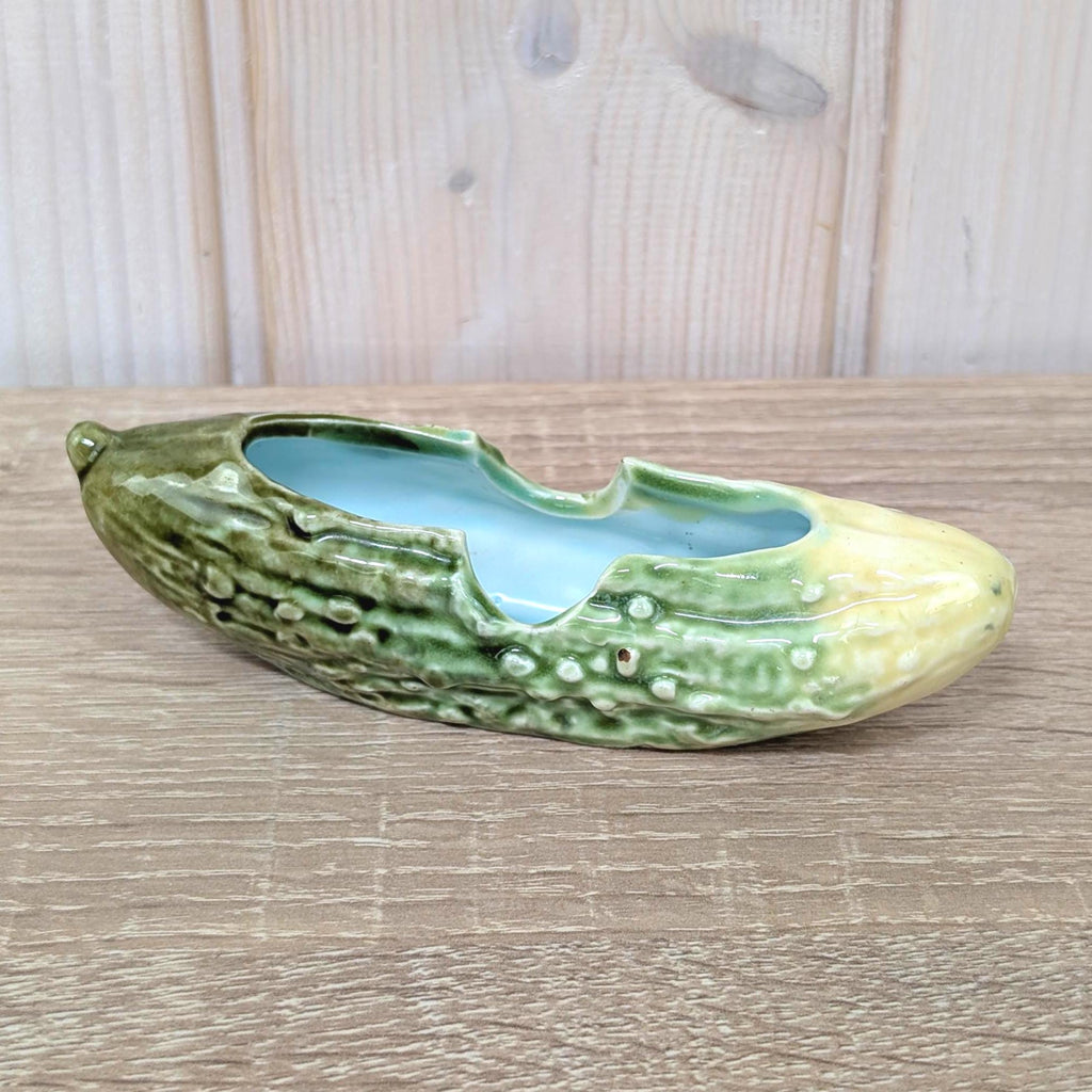 Majolica Cucumber Ashtray Trinket Dish Green Turquoise, 1950s