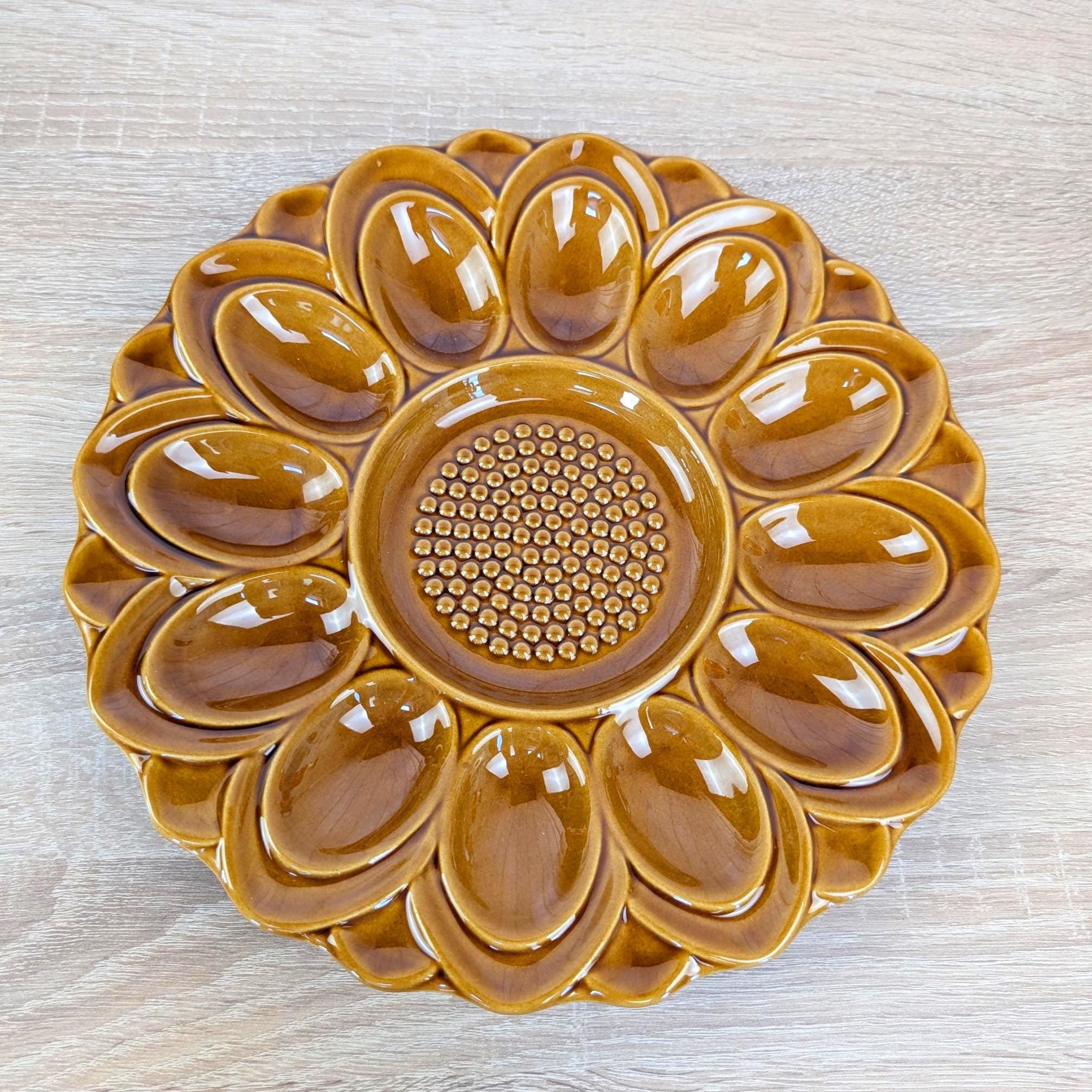 Hollóháza Hungary Egg Plate with Rooster Salt & Pepper Shakers, Amber Glaze, 1960s