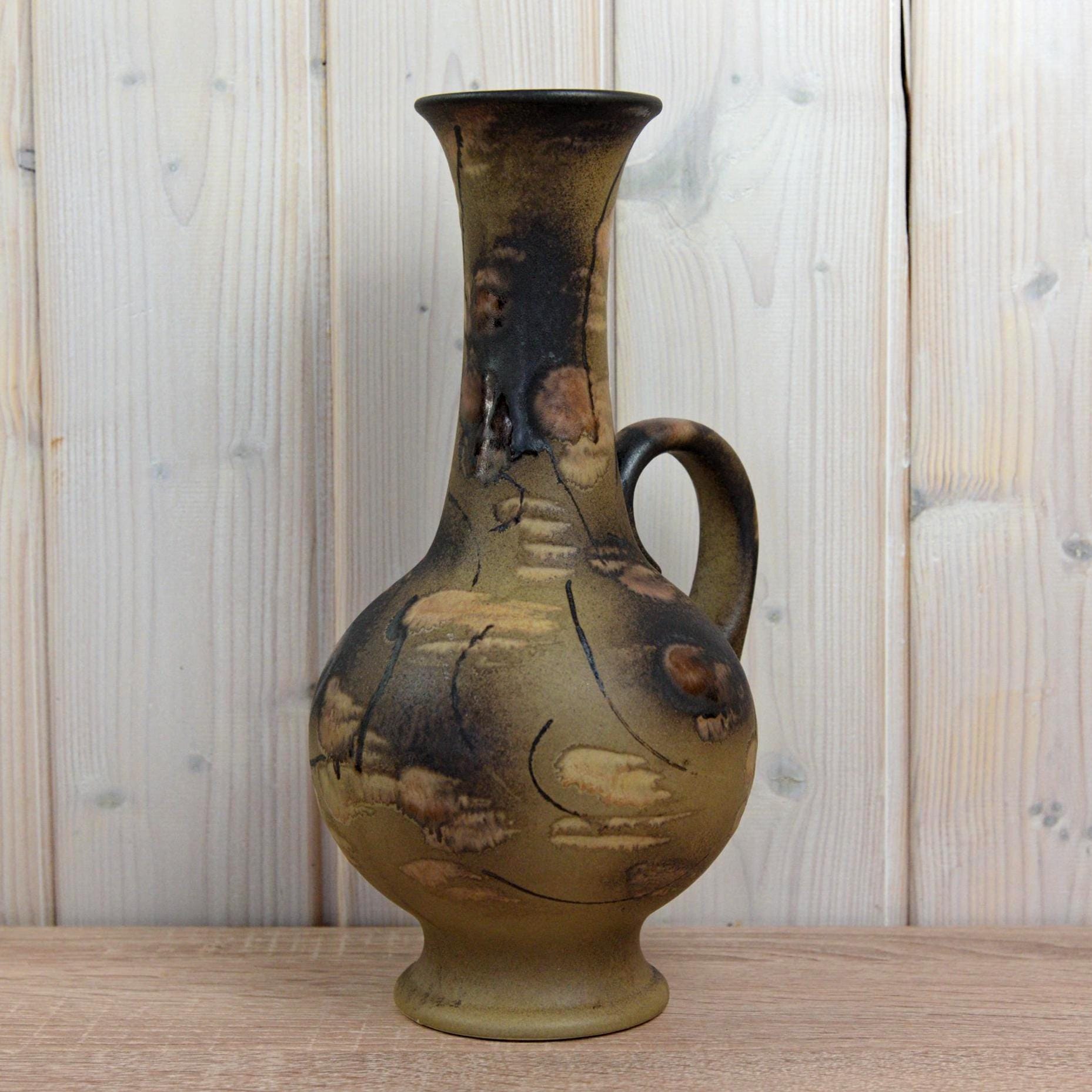 Ruscha K-35 Vintage West German Pottery Vase, Mid Century Ceramic with Handle Brown Beige Glaze