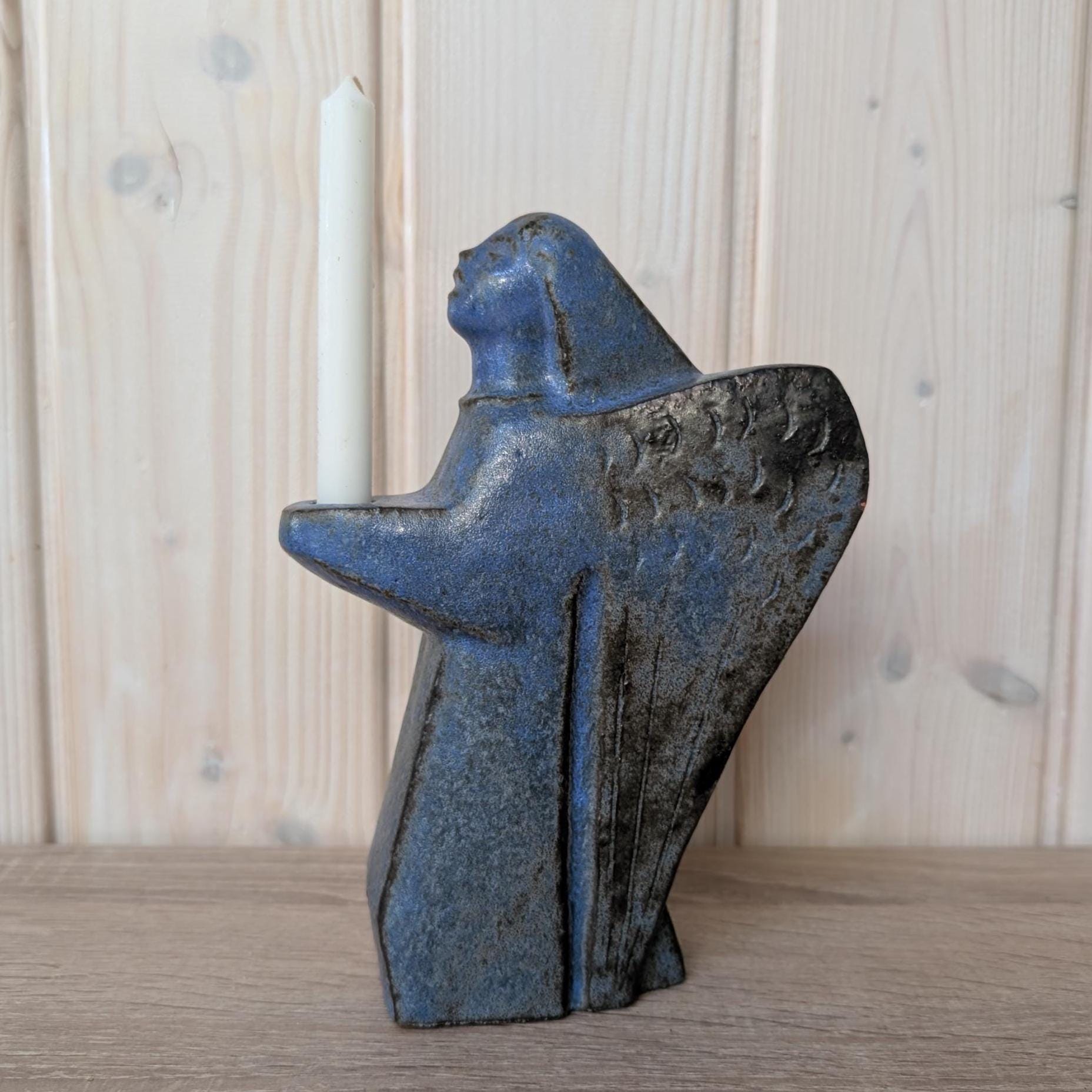 Vintage Stoneware Angel Candle Holder, Blue Glaze, Scandinavian Decor